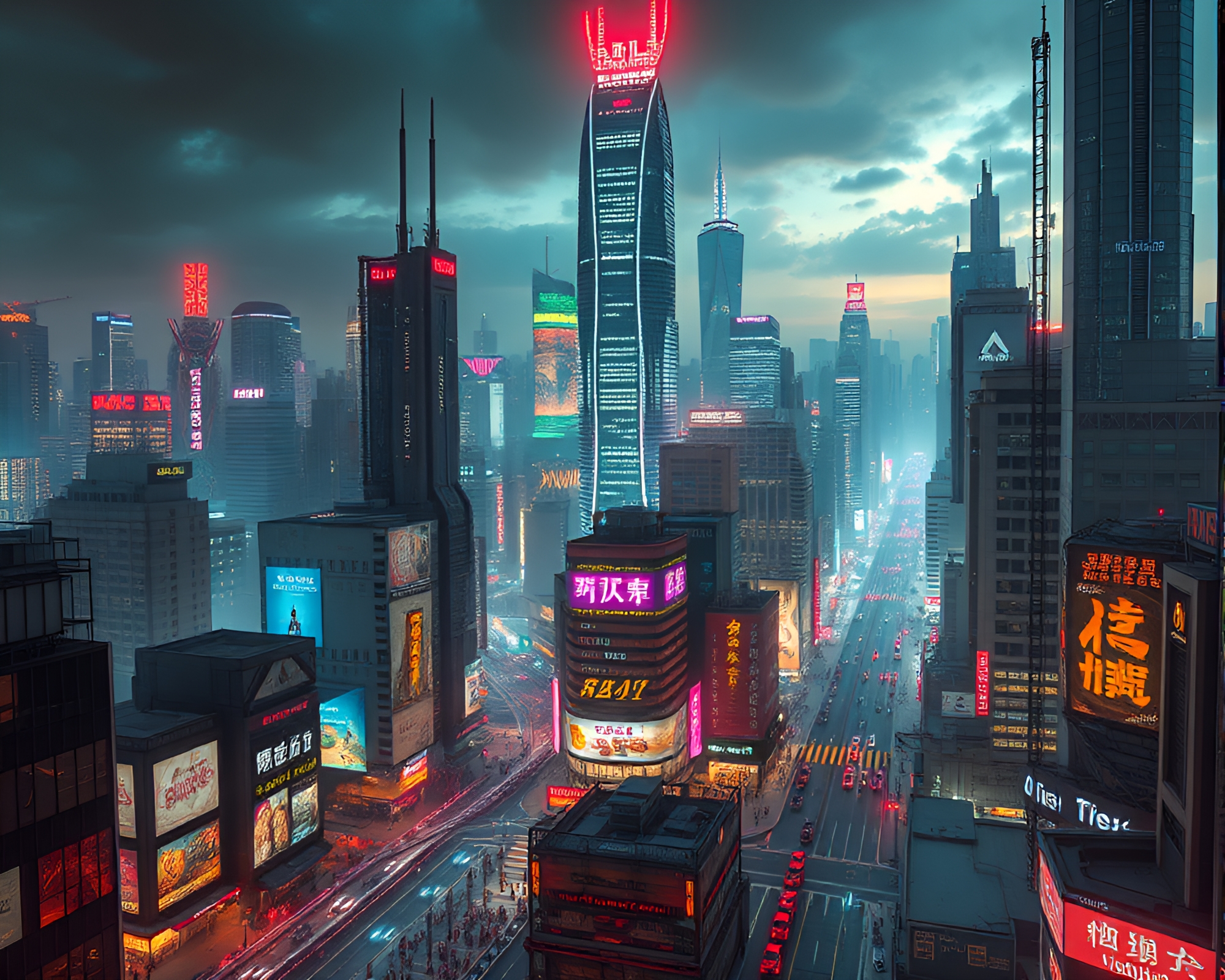 Futuristic Cyberpunk Cityscape: Claustrophobic Skyscrapers at Night – free AI stock image