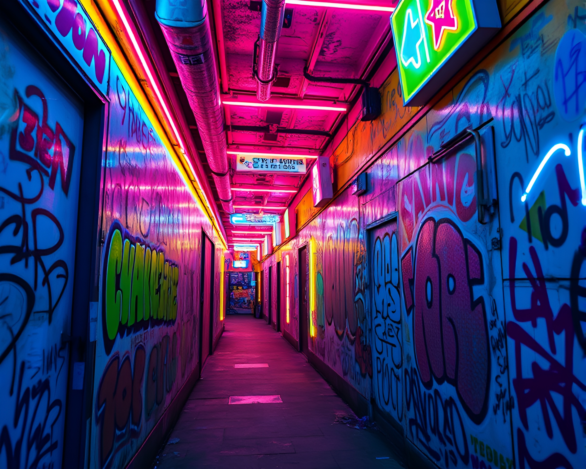 Mesmerizing Time-Warp Corridor with Neon Lights & Graffiti – free AI stock image