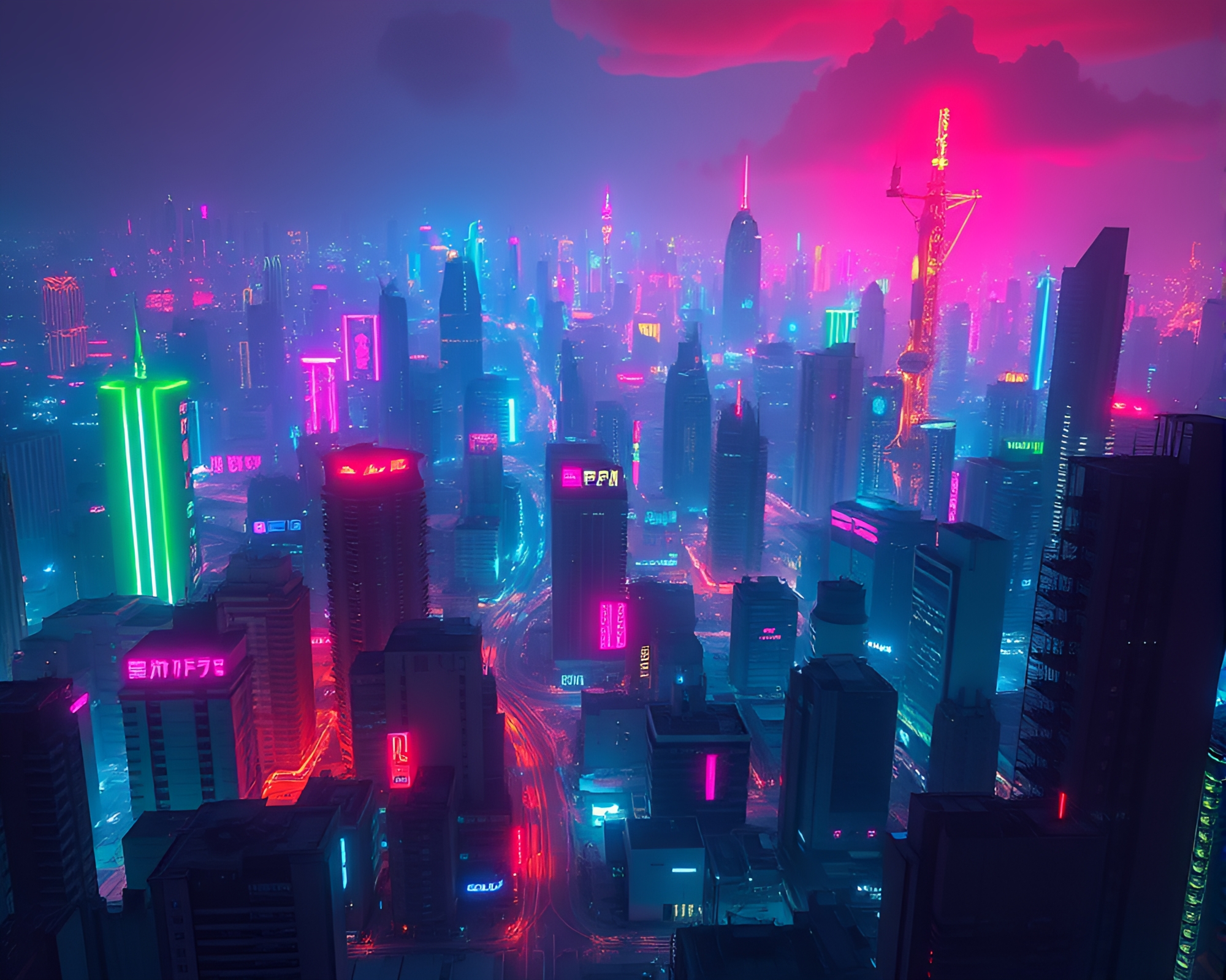 Vibrant Bioluminescent Urban Sprawl in Dystopian Setting – free AI stock image
