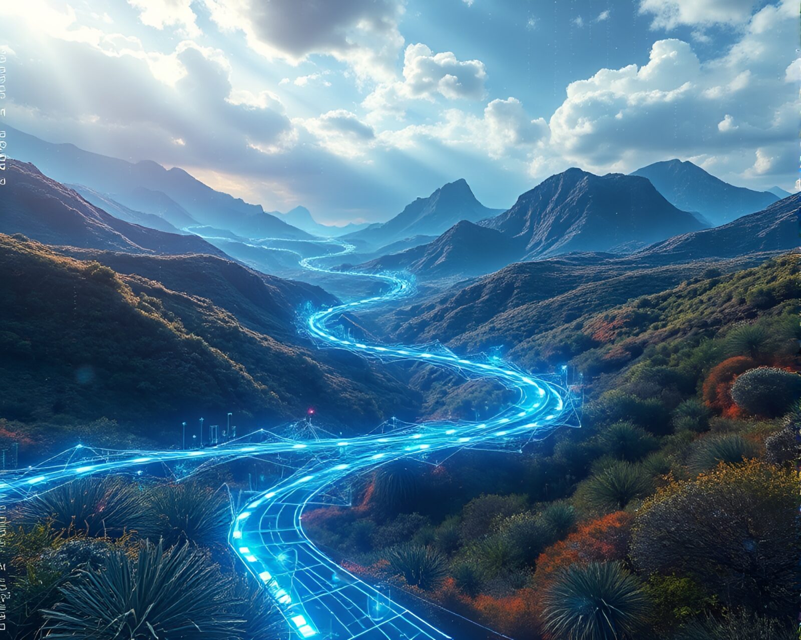 Surreal scene of data stream in windswept landscape
