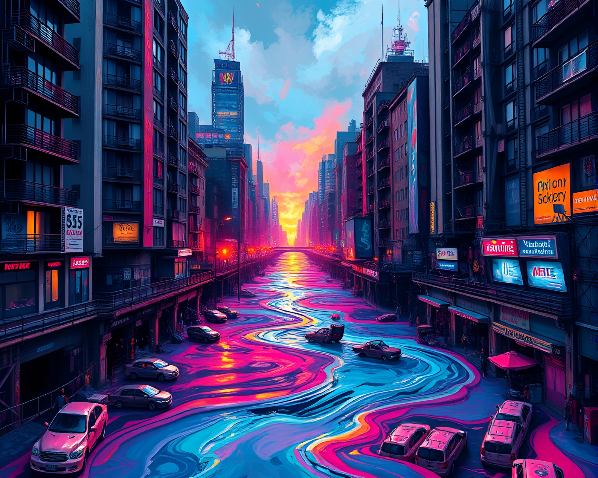 Vibrant Acrylic Cityscape with Liquid Mercury River – free AI stock image