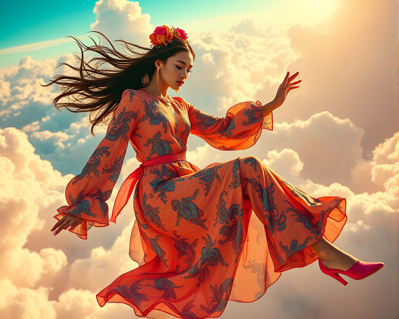 Stunning model in electrifying fashion walks through ethereal cloudscape