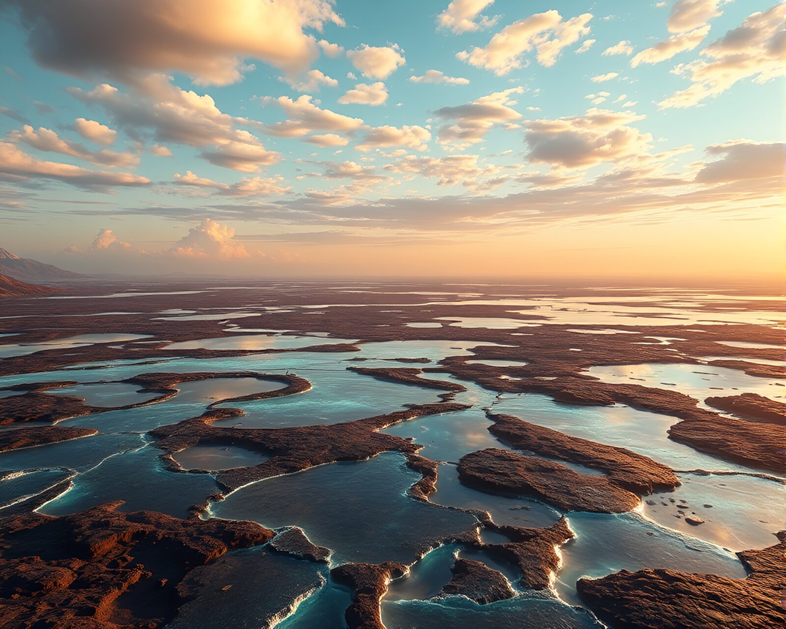 Vast, shimmering volcanic glass plain under harmonious sky