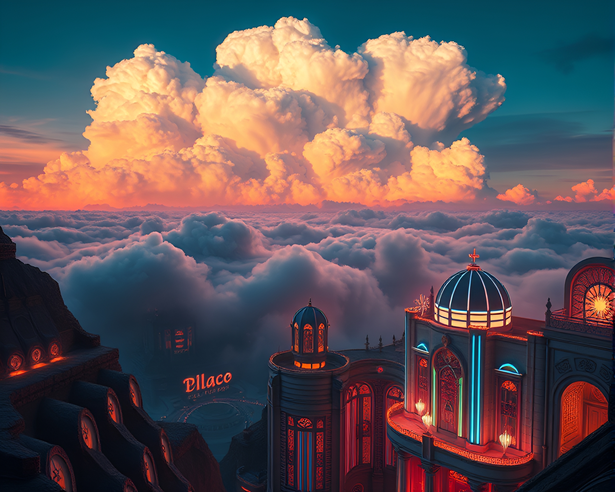 Ethereal Cloudscape above Art Deco Cityscape with Neon Lights – free AI stock image