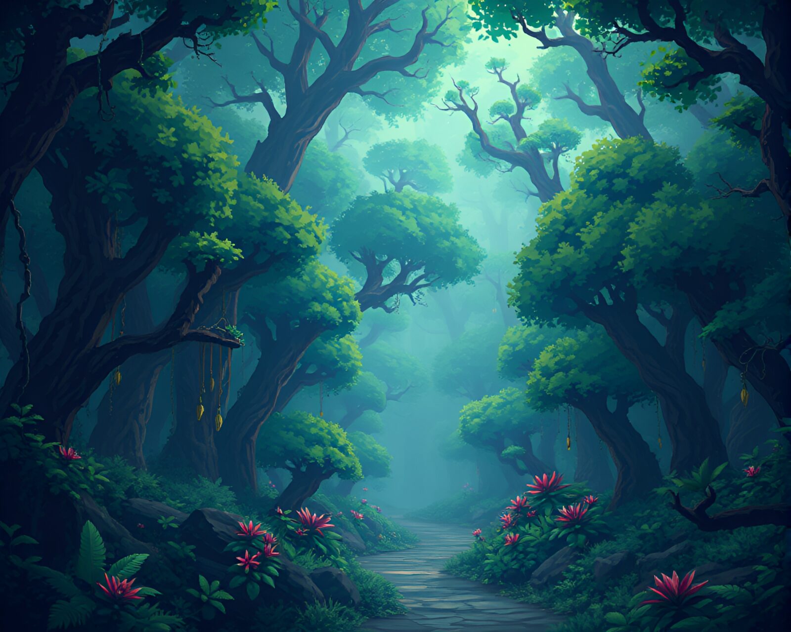 Mysterious emerald canopy glade with vibrant colors and details
