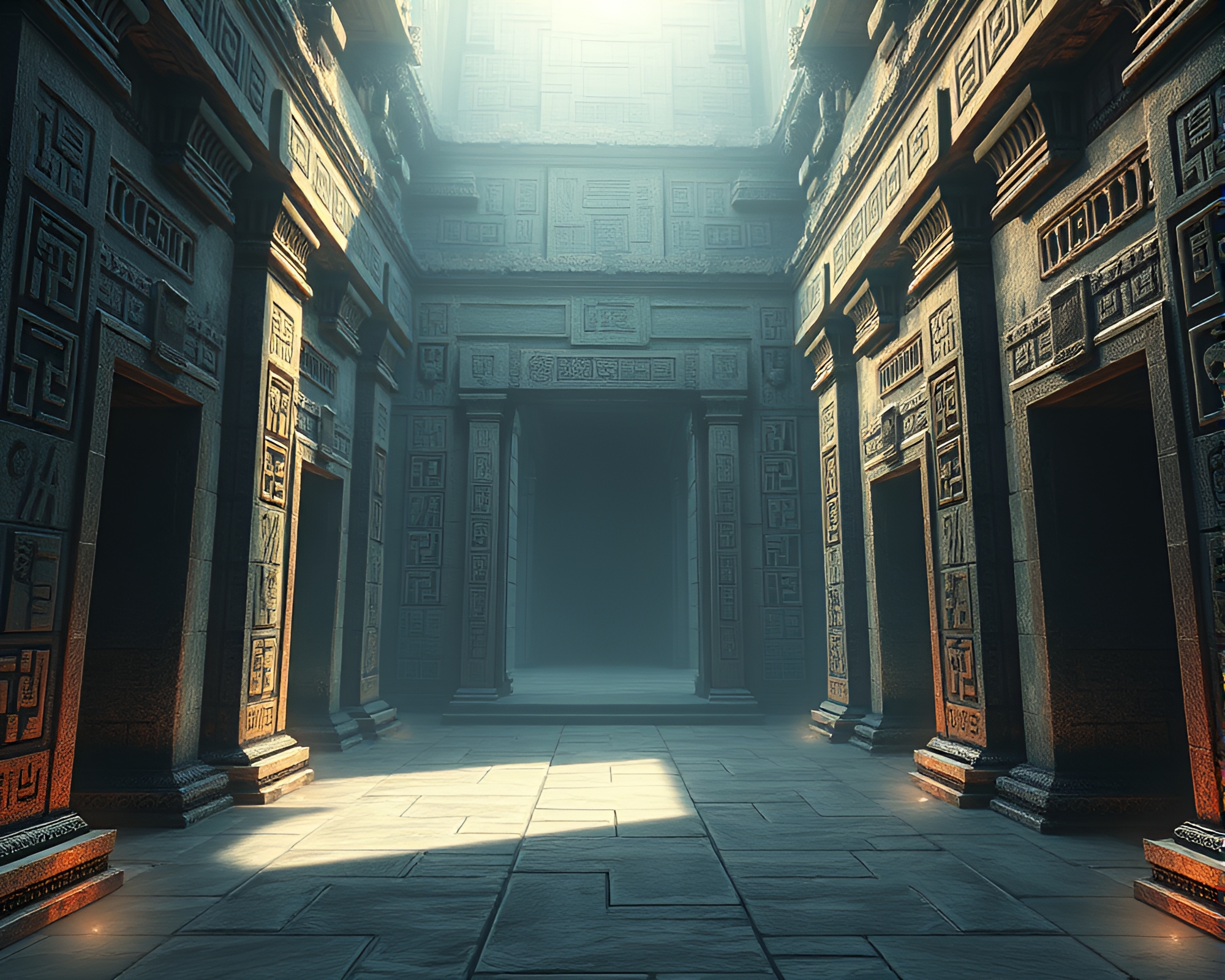 Ethereal Glow Adorns Glyph-Covered Temple in Digital Painting – free AI stock image