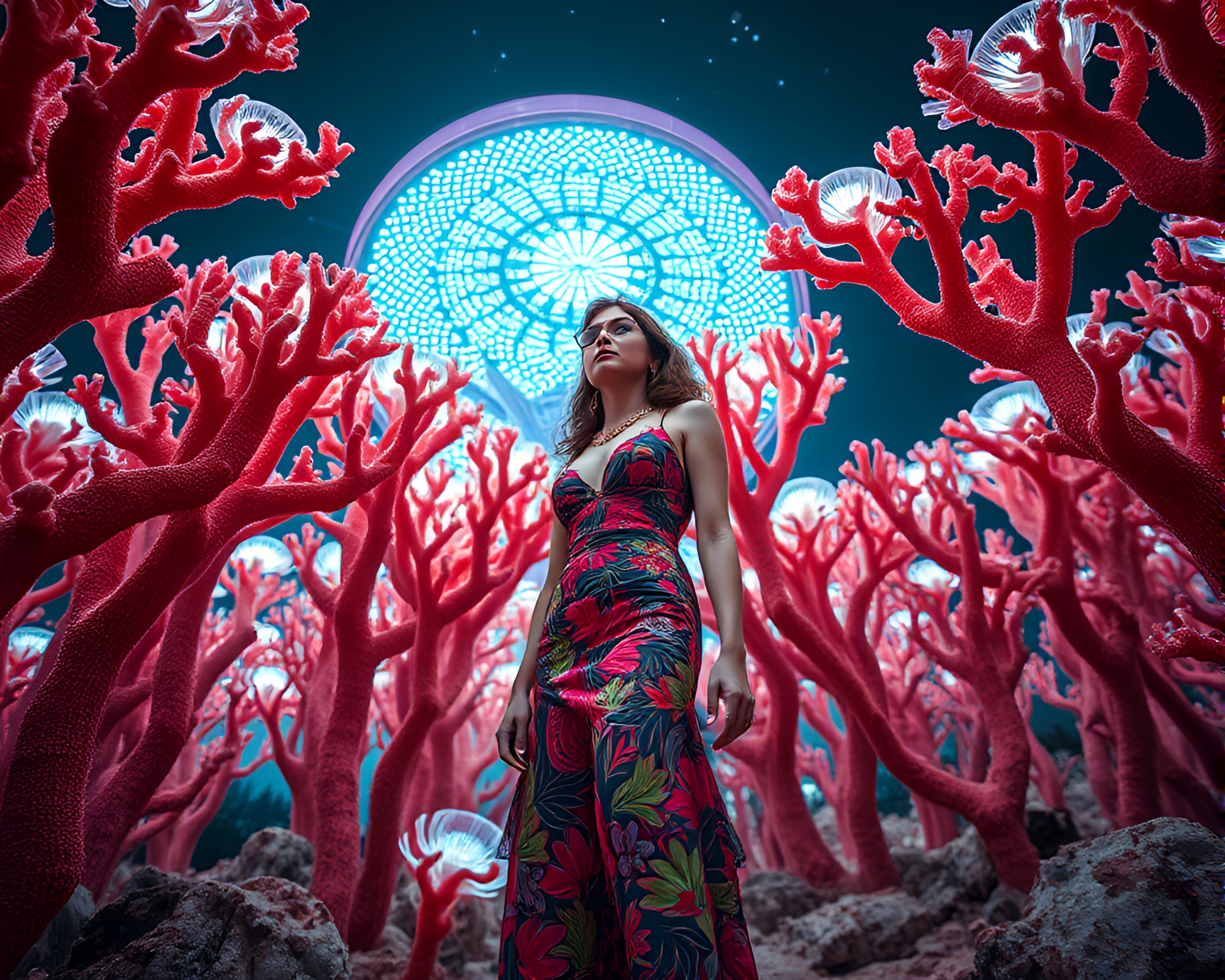 Alien Coral Forest Fashionista Gazing at Luminescent Canopy – free AI stock image