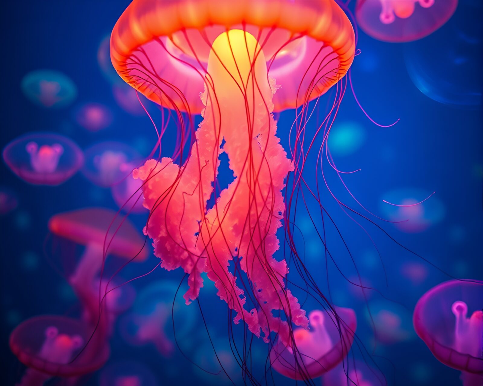 Vibrant luminescent jellyfish swarm in a mesmerizing macro shot