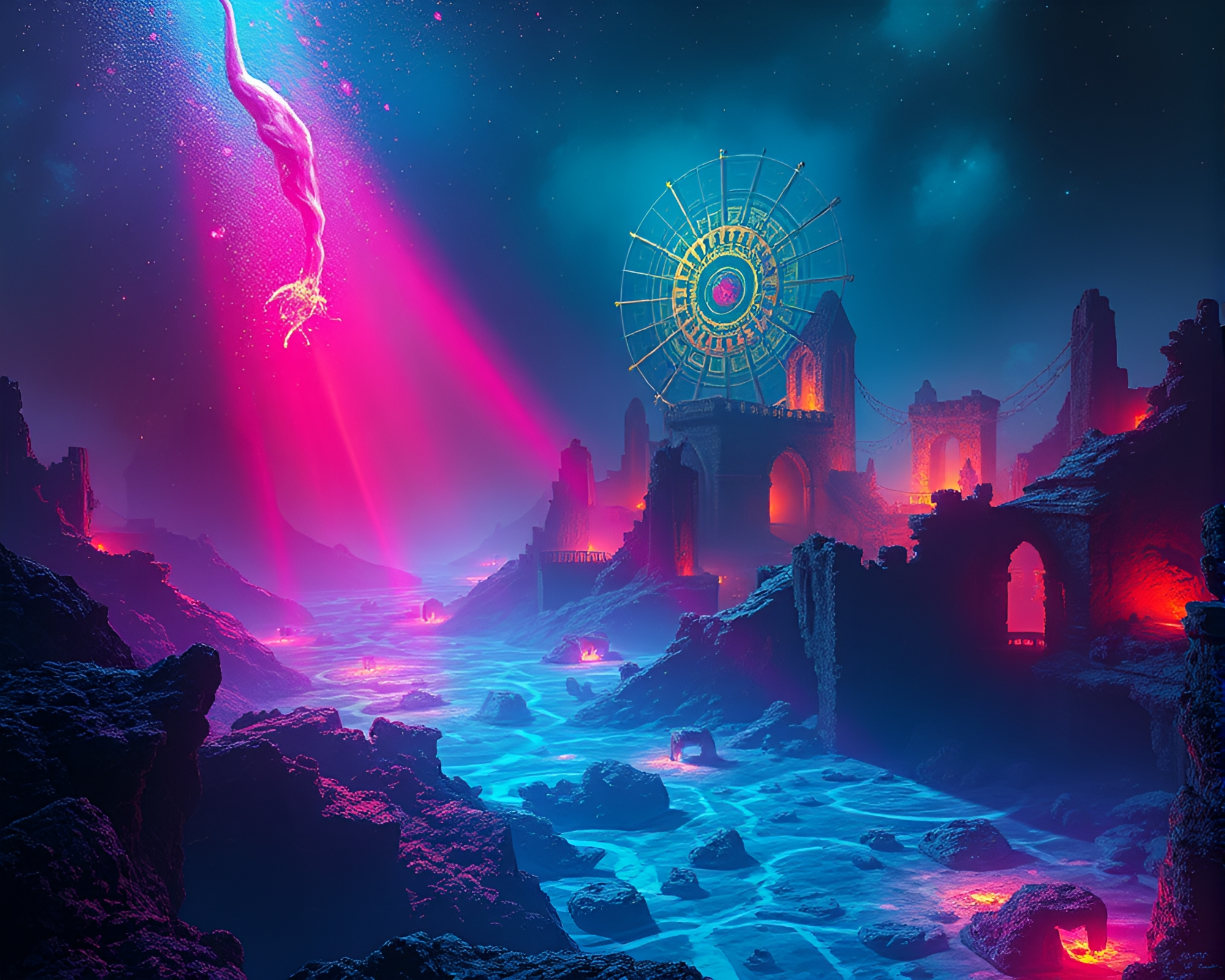Ethereal Sunken Cityscape Illuminated by Cosmic Kinetic Sculpture – free AI stock image