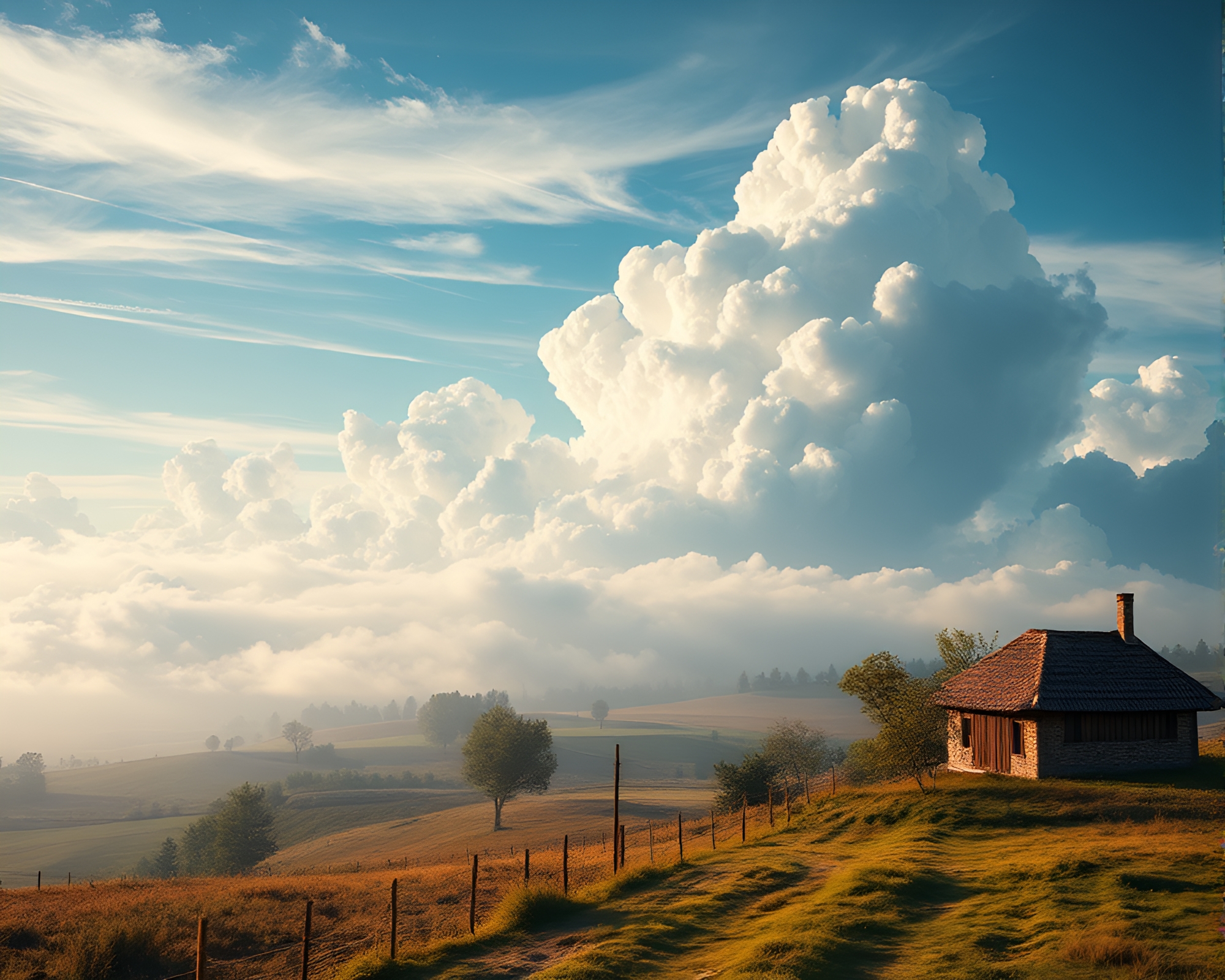 Ethereal Cloudscape Over Rustic Countryside in CGI – free AI stock image