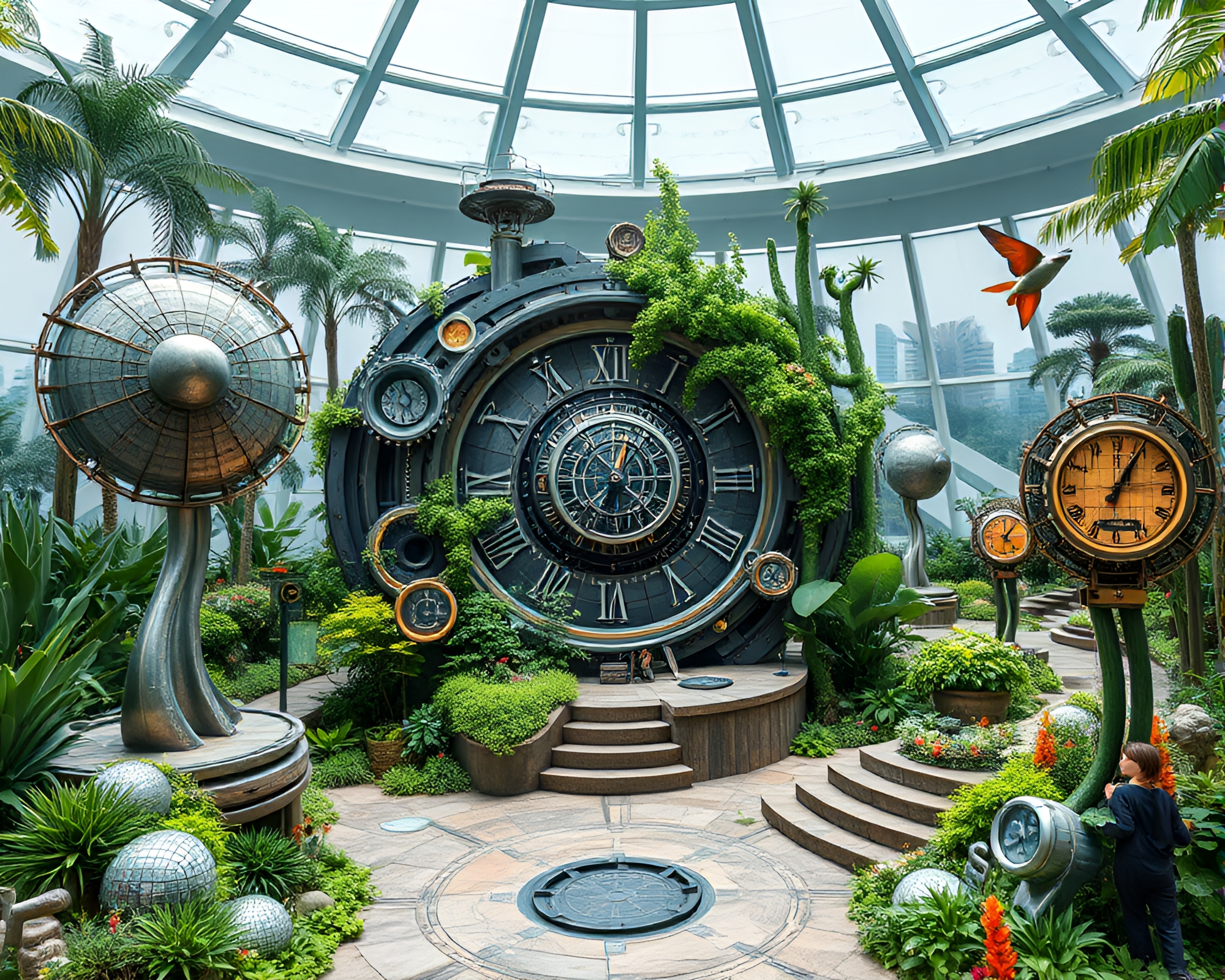 Futuristic Clockwork Garden with Modern Art Sculptures – free AI stock image