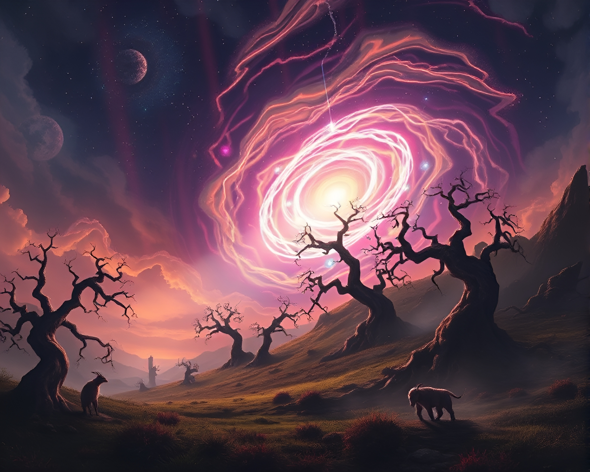 Surreal quantum vortex illuminating twisted landscape with strange creatures – free AI stock image