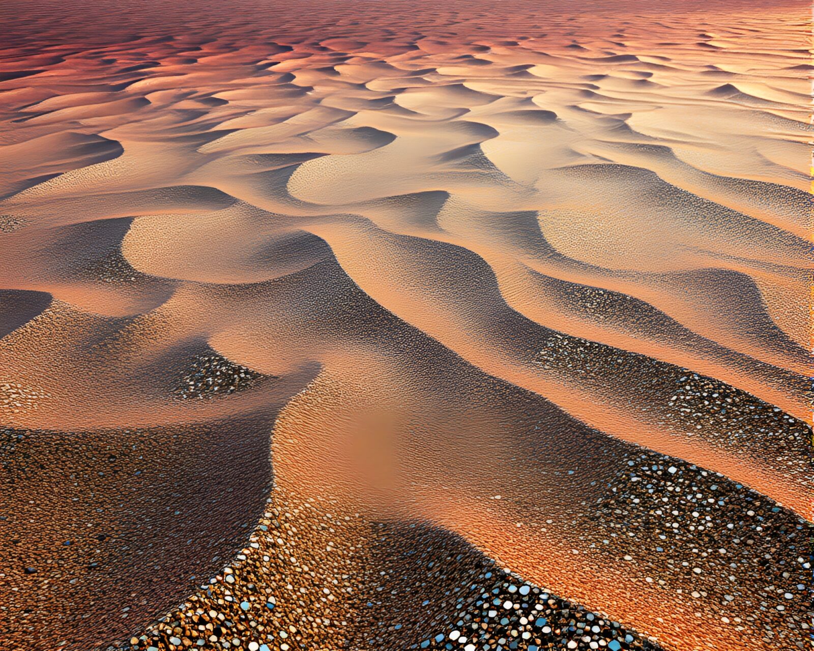 Ethereal desert landscape with metallic sand and mosaic tile art