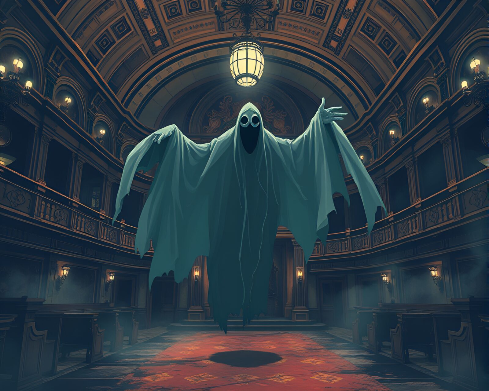 Melancholic phantom in dreamy vector art at old opera house