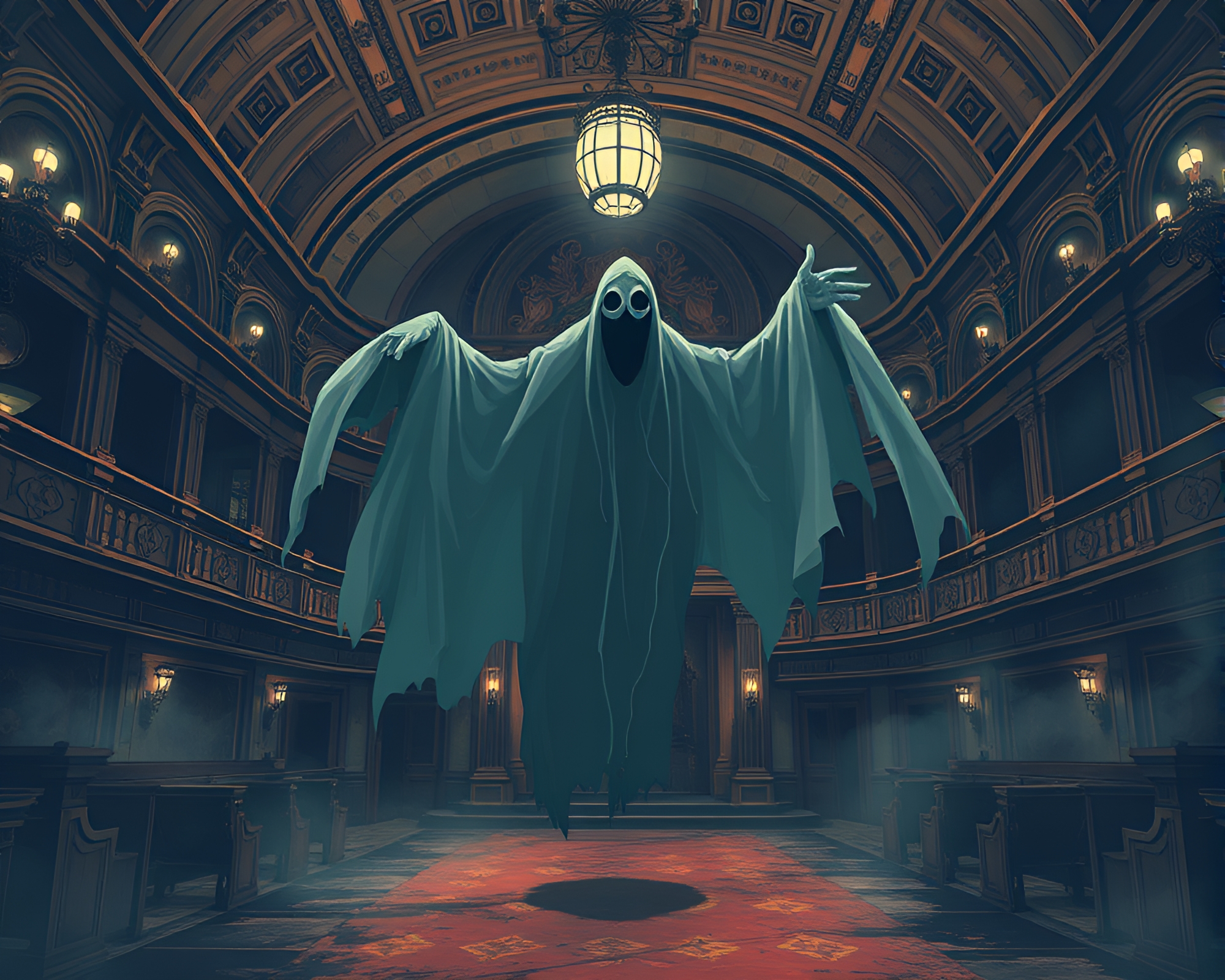 Ethereal Phantom Roaming Grand Opera House Illustration – free AI stock image