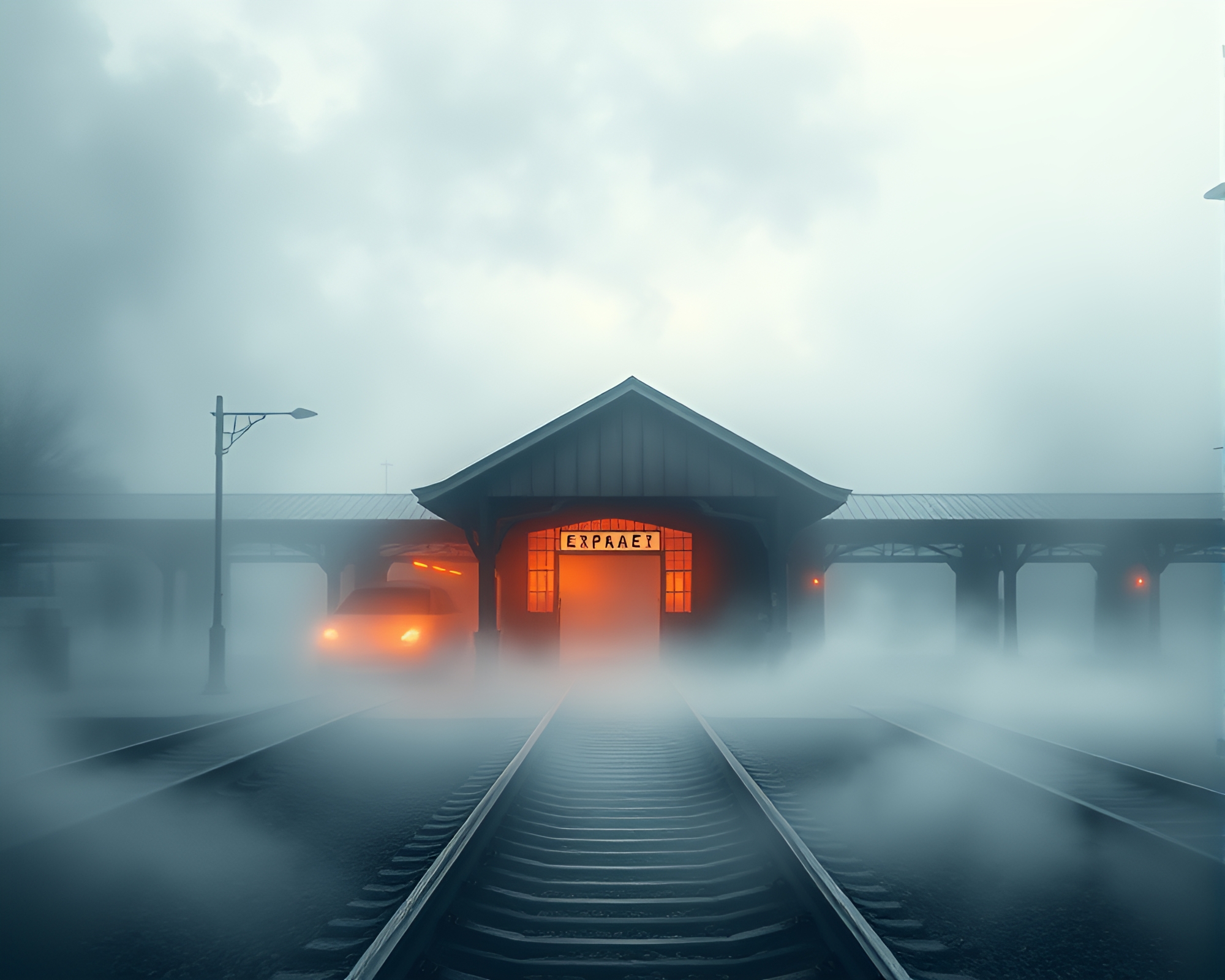 Ethereal Phantom Train Station Emerges from Mist – free AI stock image