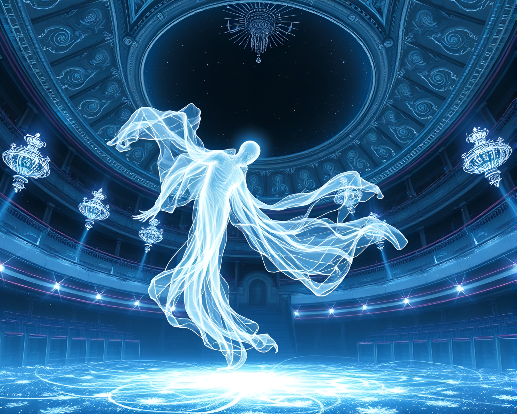 Ethereal Phantom Gliding in Bioluminescent Opera House – free AI stock image