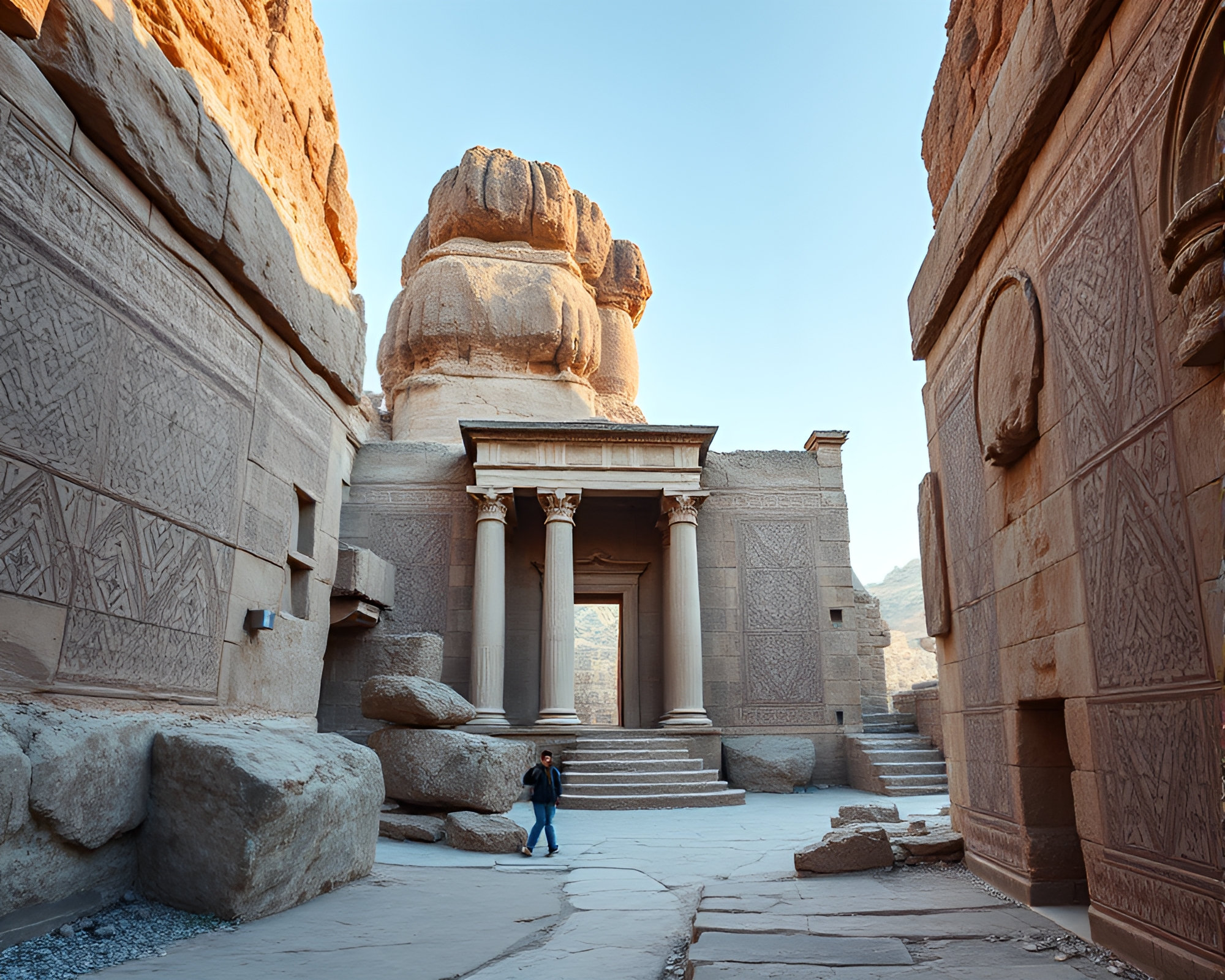 Ancient Monolithic Ruins with Intricate Embroidery Patterns – free AI stock image