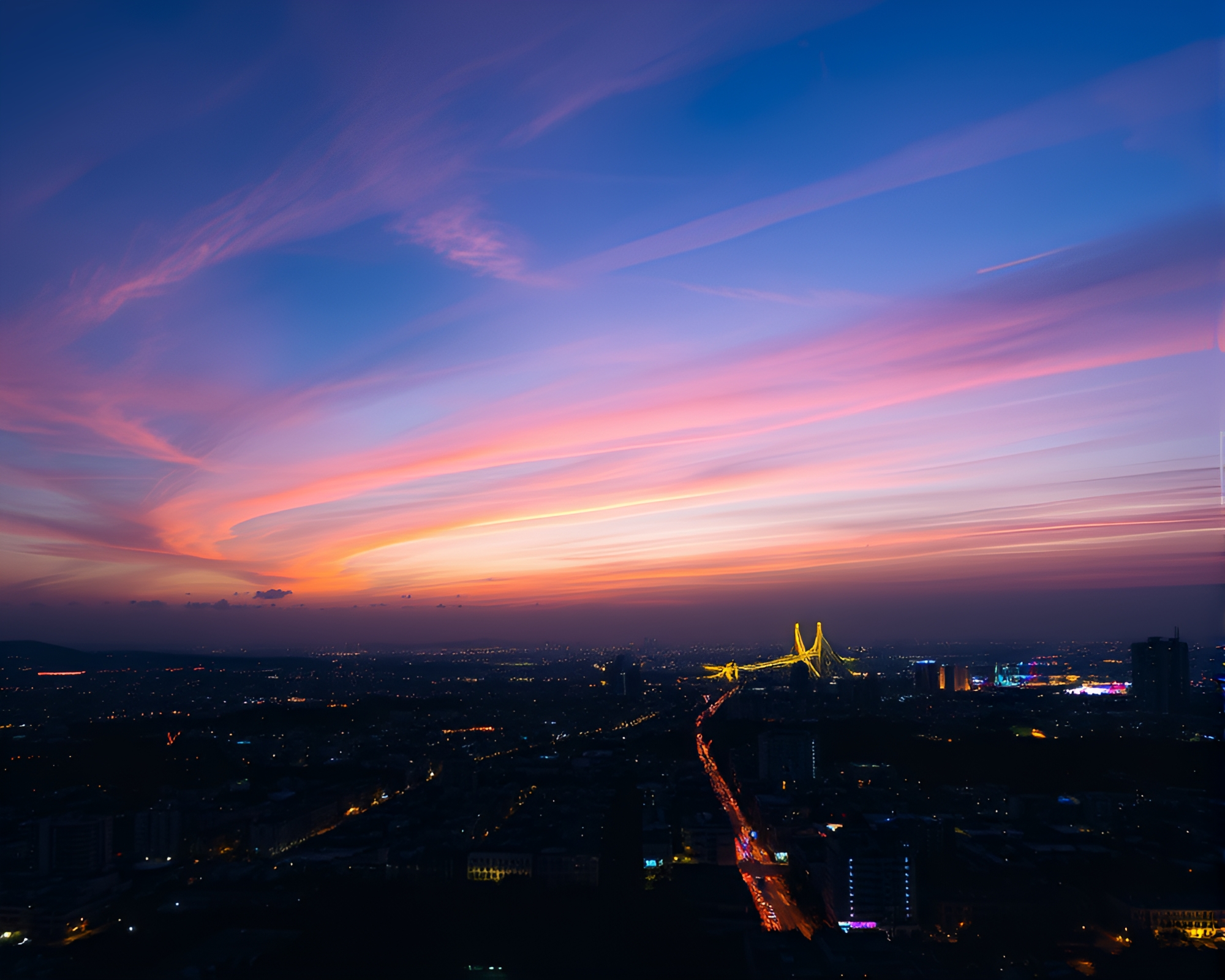 Pastel Sky Illuminates Vibrant City Night Scene – free AI stock image