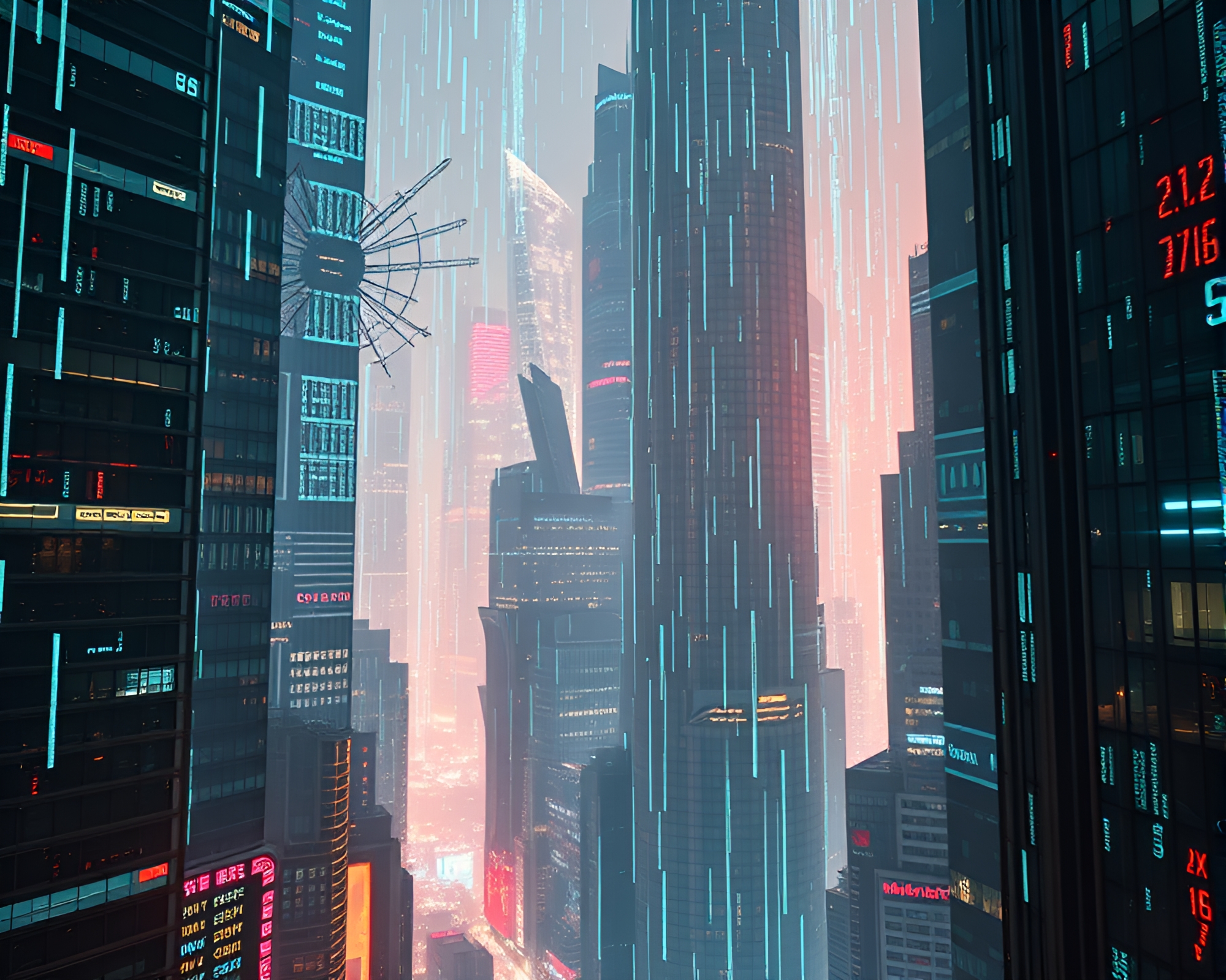 Surreal Digital Data Cityscape with Neon Lights – free AI stock image