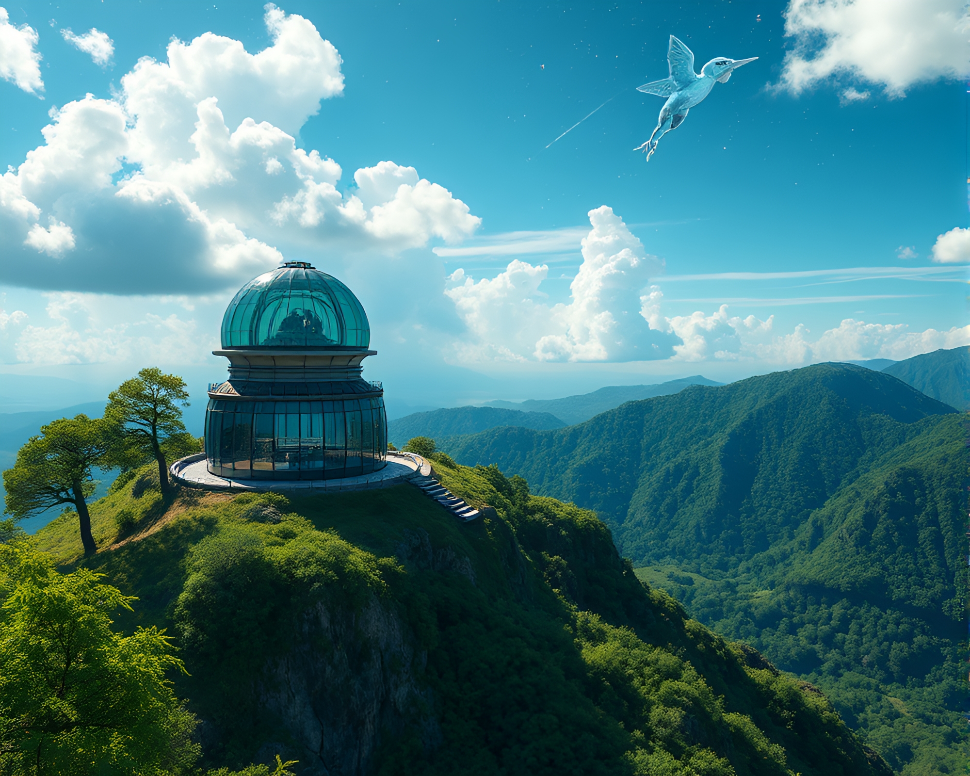 Surreal Observatory in Mountain Paradise with Digital Fauna – free AI stock image