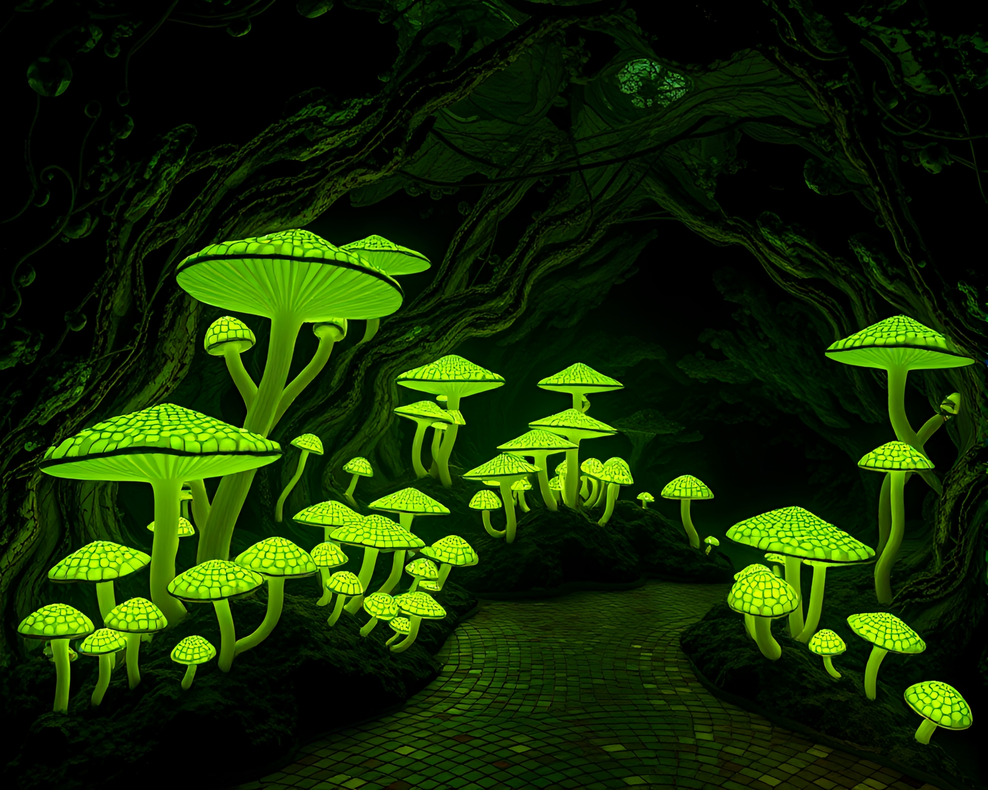 Enchanting Bioluminescent Forest Against Intricate Mosaic Backdrop – free AI stock image