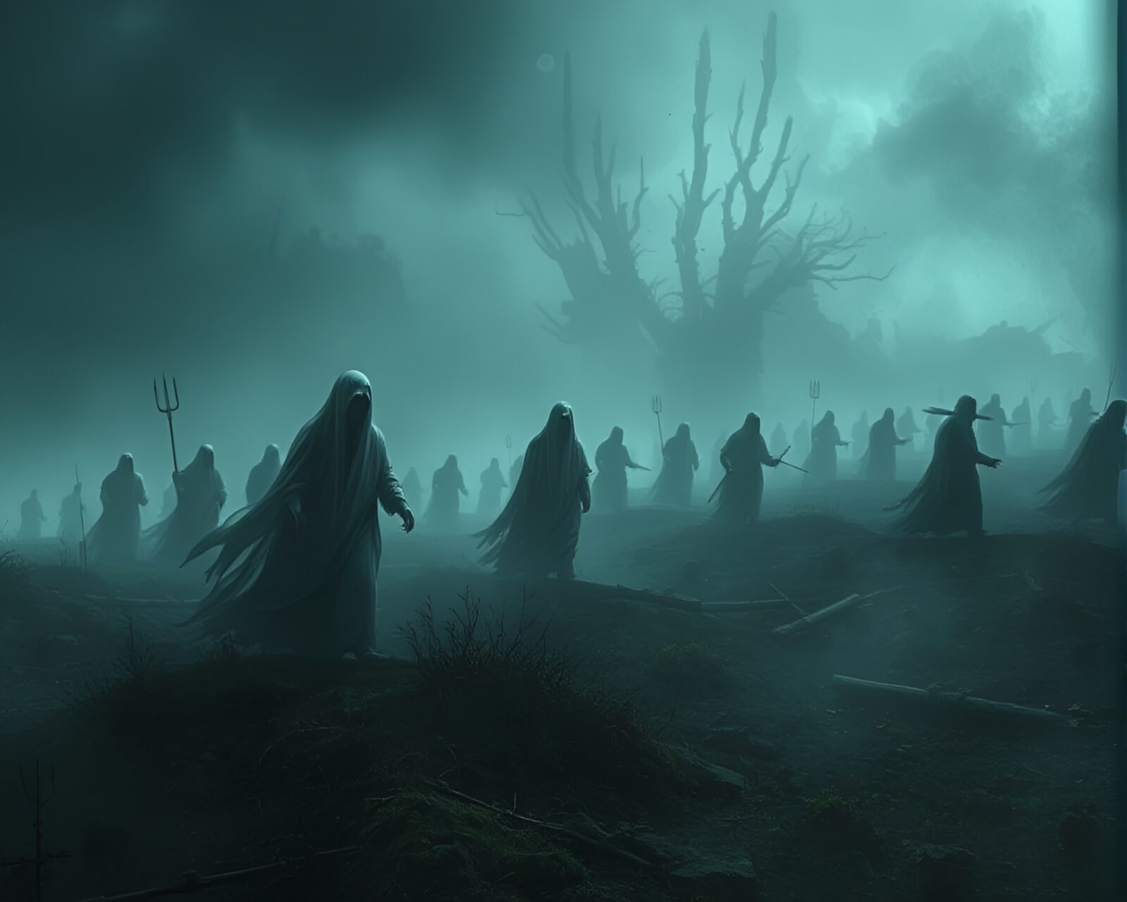 Ethereal scene with ghostly apparitions on digital matte painting
