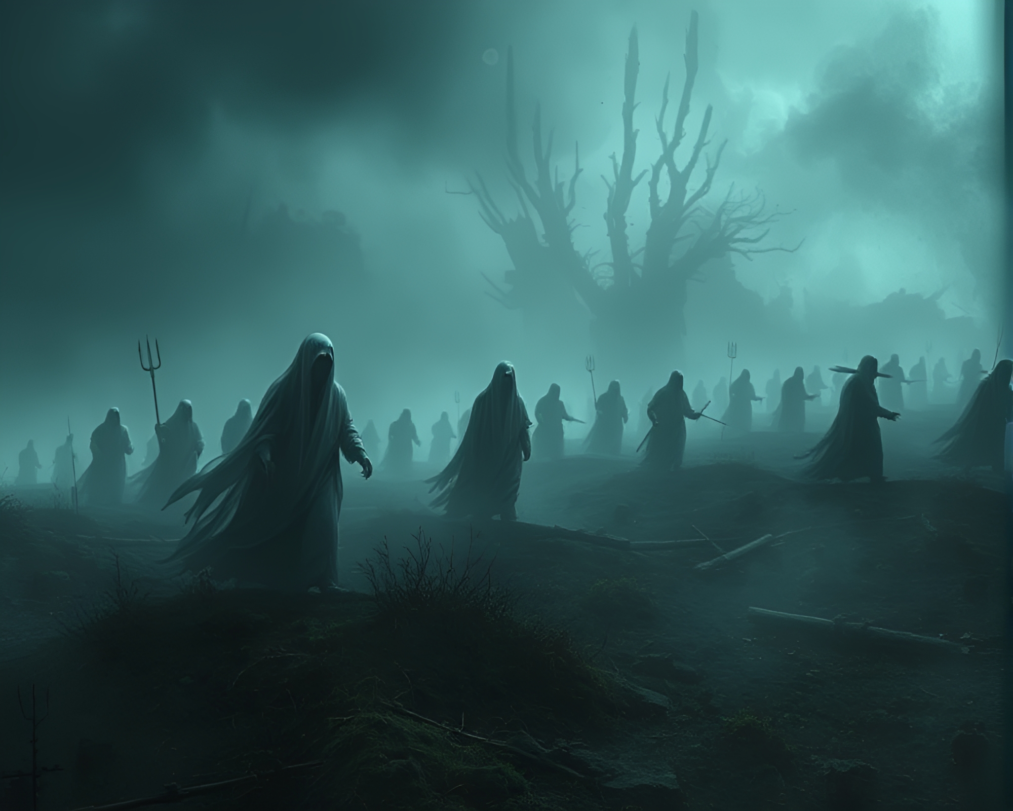 Ghostly Apparitions on Spectral Battlefield Digital Painting – free AI stock image