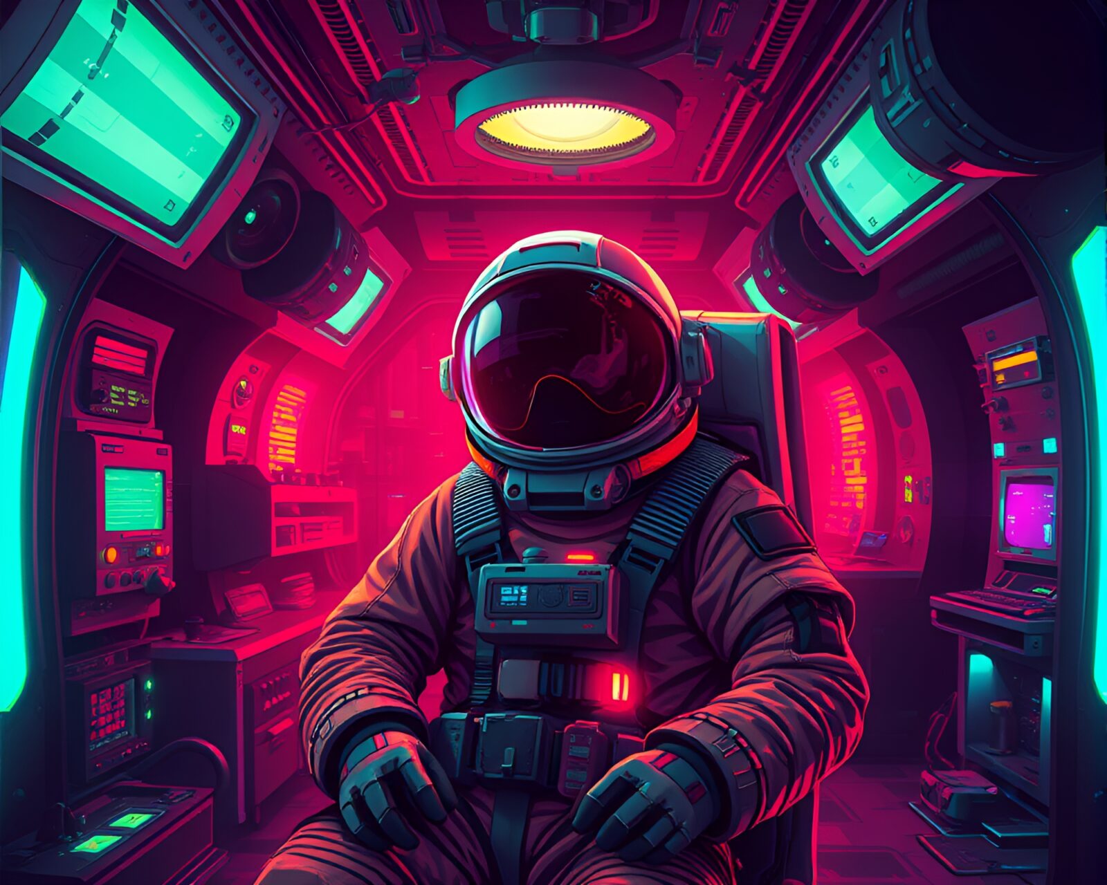 Astronaut under flickering lights in vibrant 8-bit glitch art