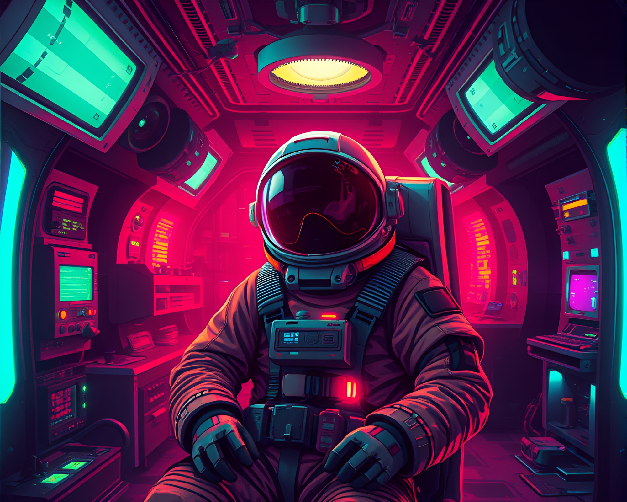 Intoxicated astronaut in abandoned space station surrounded by glitch art – free AI stock image