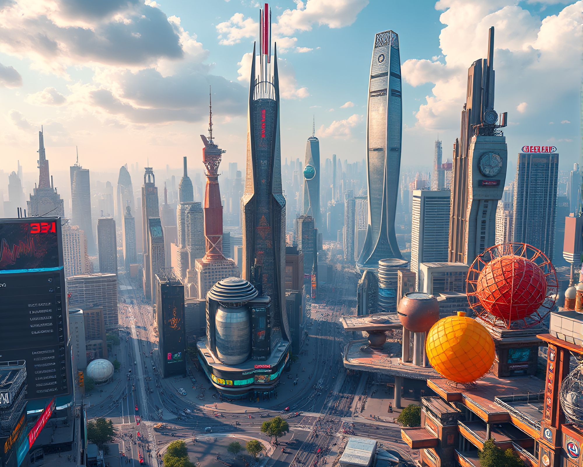 Futuristic Cityscape with Towering Skyscrapers and Neon Lights – free AI stock image