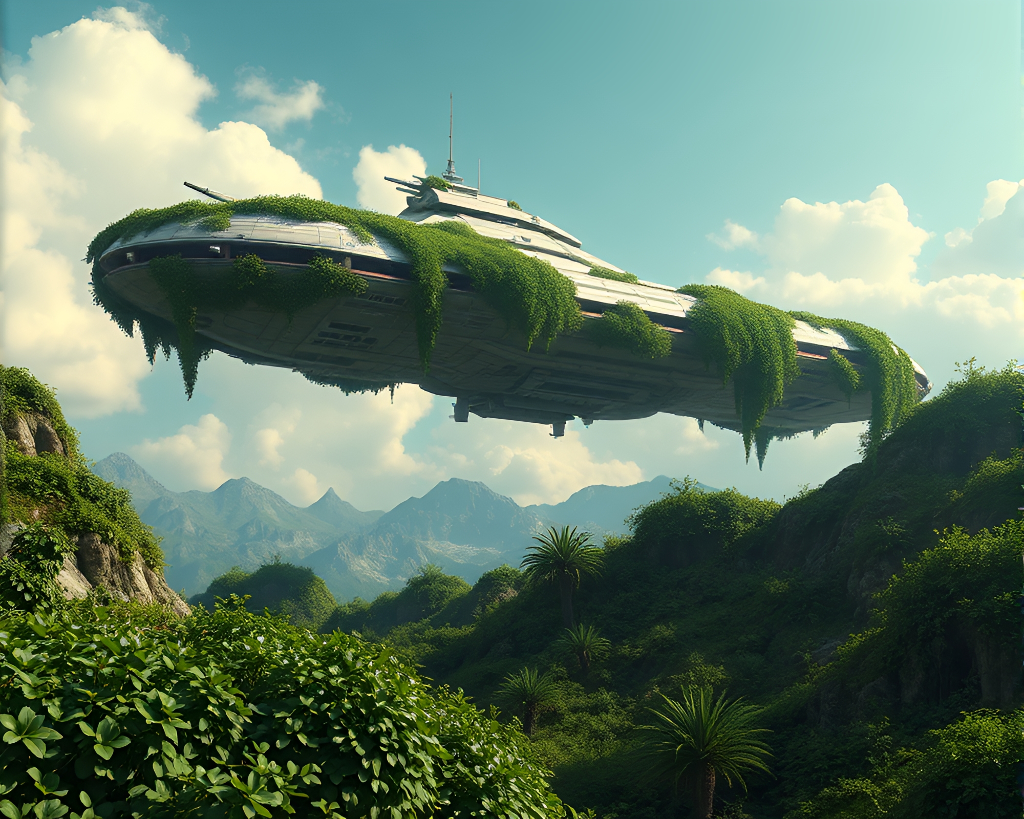 Majestic spaceship blending with ivy-covered landscape in 3D – free AI stock image