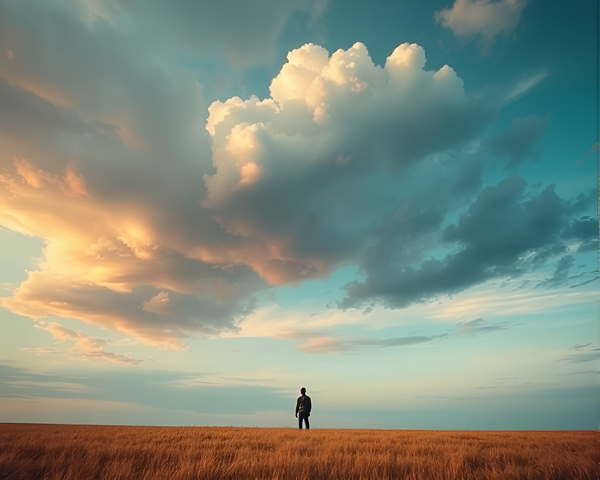Contemplative Figure in Vast Field Under Dramatic Sky – free AI stock image