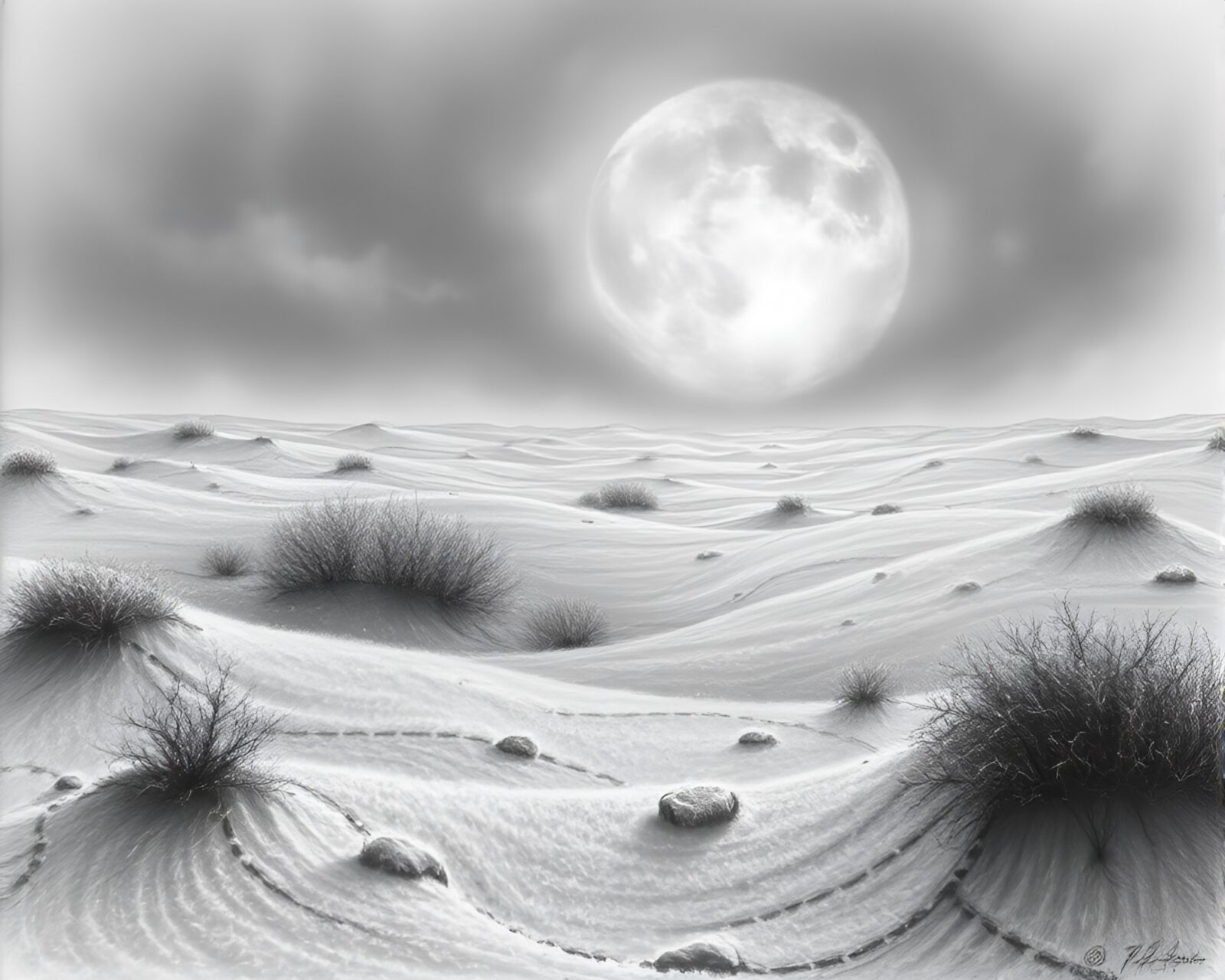 Detailed charcoal sketch of mystical frost plains landscape