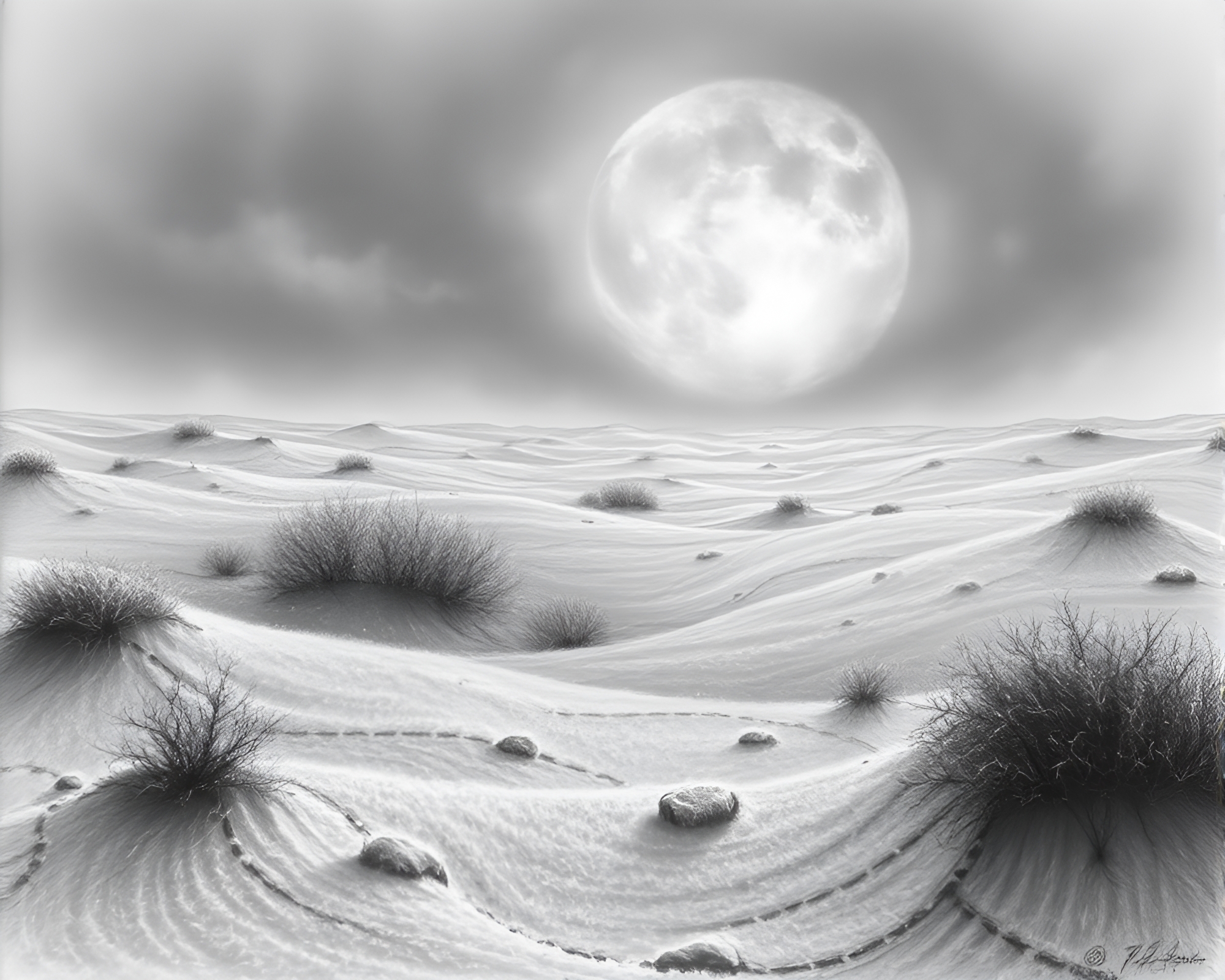 Enchanting Frost Plains Landscape Charcoal Sketch – free AI stock image