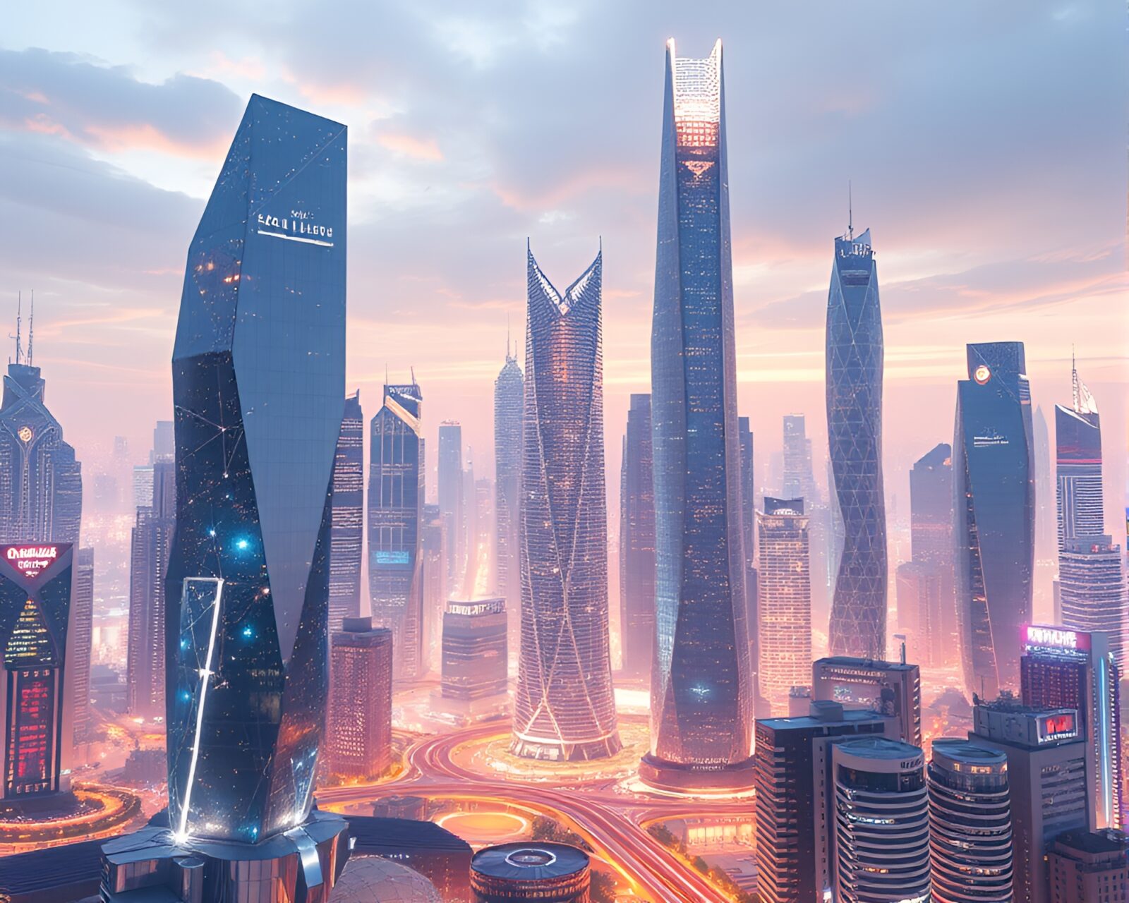 Modern art cityscape with gleaming silicon crystal skyscrapers