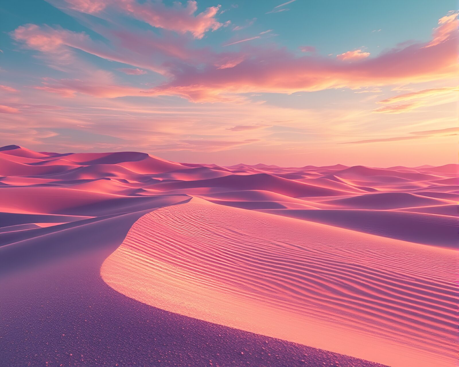 CGI art of desert with metallic sand under reflective sky