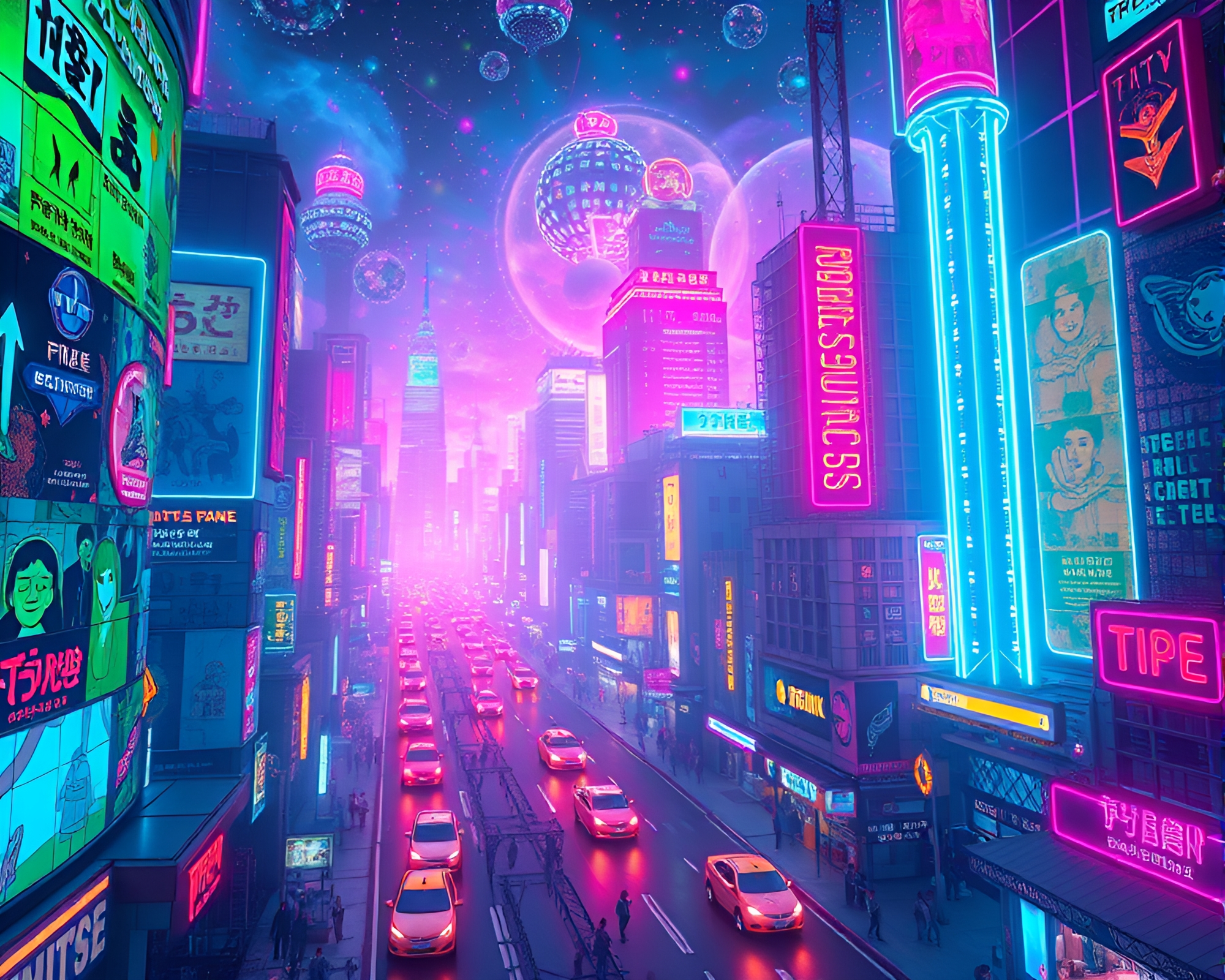 Futuristic Cityscape Glowing with Neon Lights and Cosmic Patterns – free AI stock image