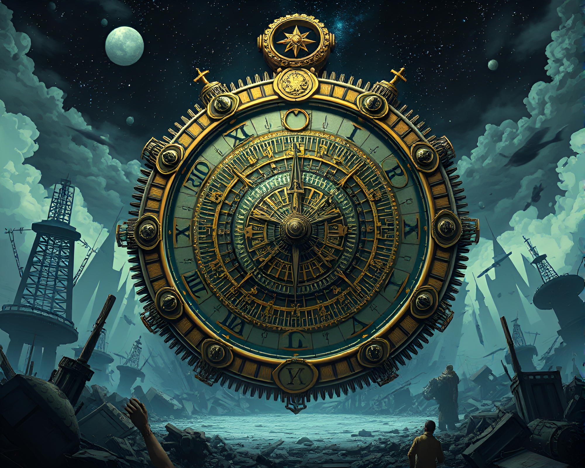 Intricate Cosmic Clock Face in Post-Apocalyptic Anime World – free AI stock image