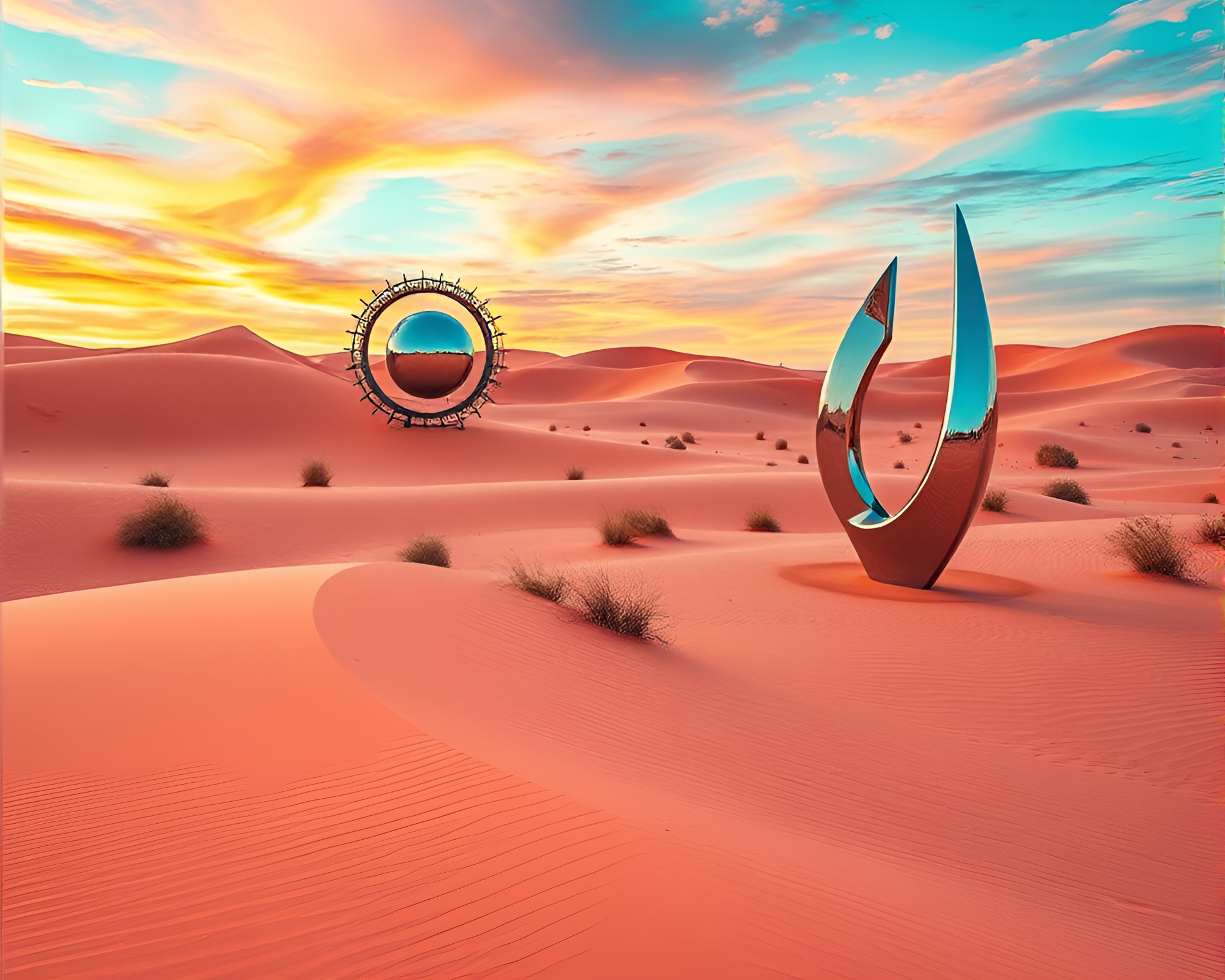 Vibrant Coral Sand Dunes and Modern Art Sculptures – free AI stock image