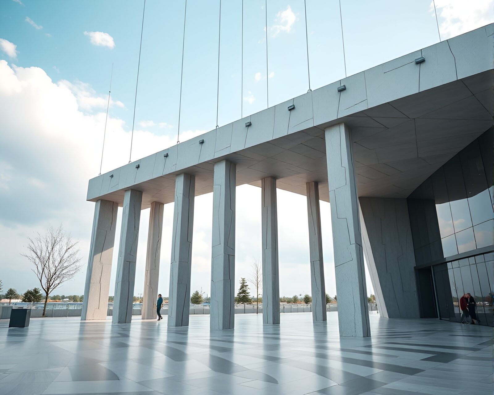 Contemporary art exhibit with suspended pillars in futuristic setting