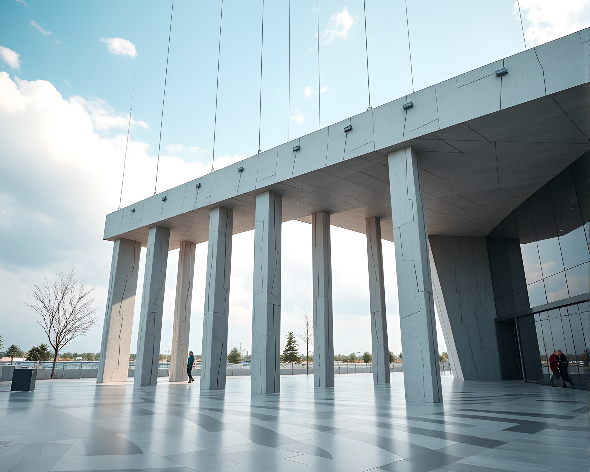 Avant-Garde Futuristic Art Installation with Suspended Monolithic Pillars – free AI stock image