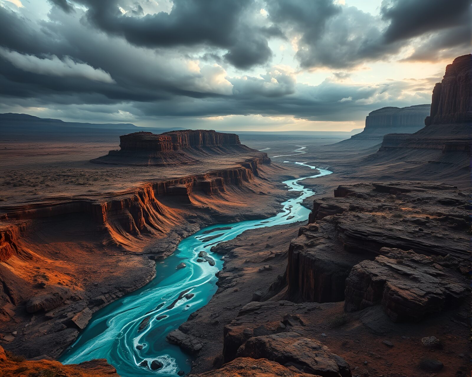 Windswept terrain with flowing liquid mercury river under cloudy sky