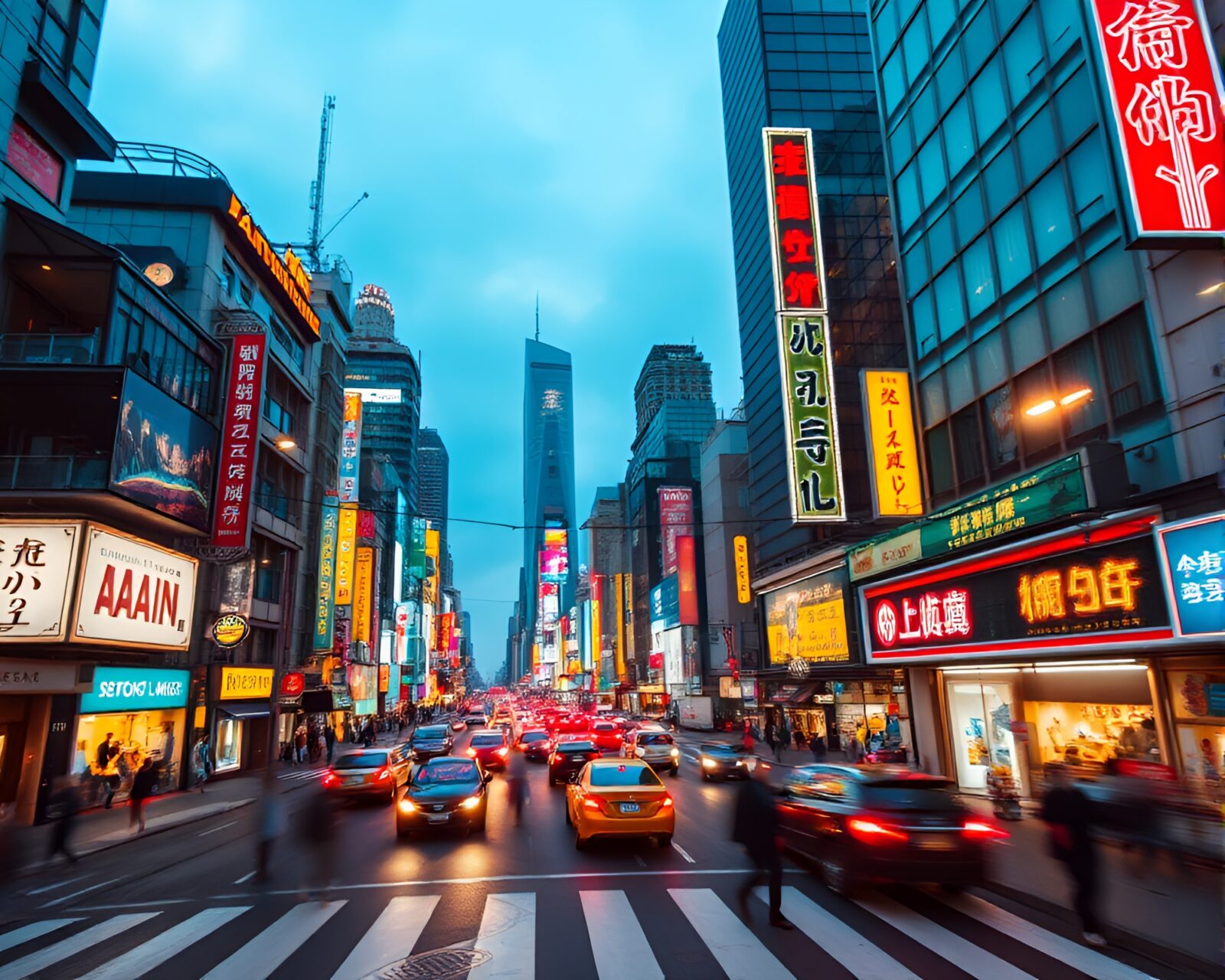 Vibrant urban scene with futuristic lights glowing at night