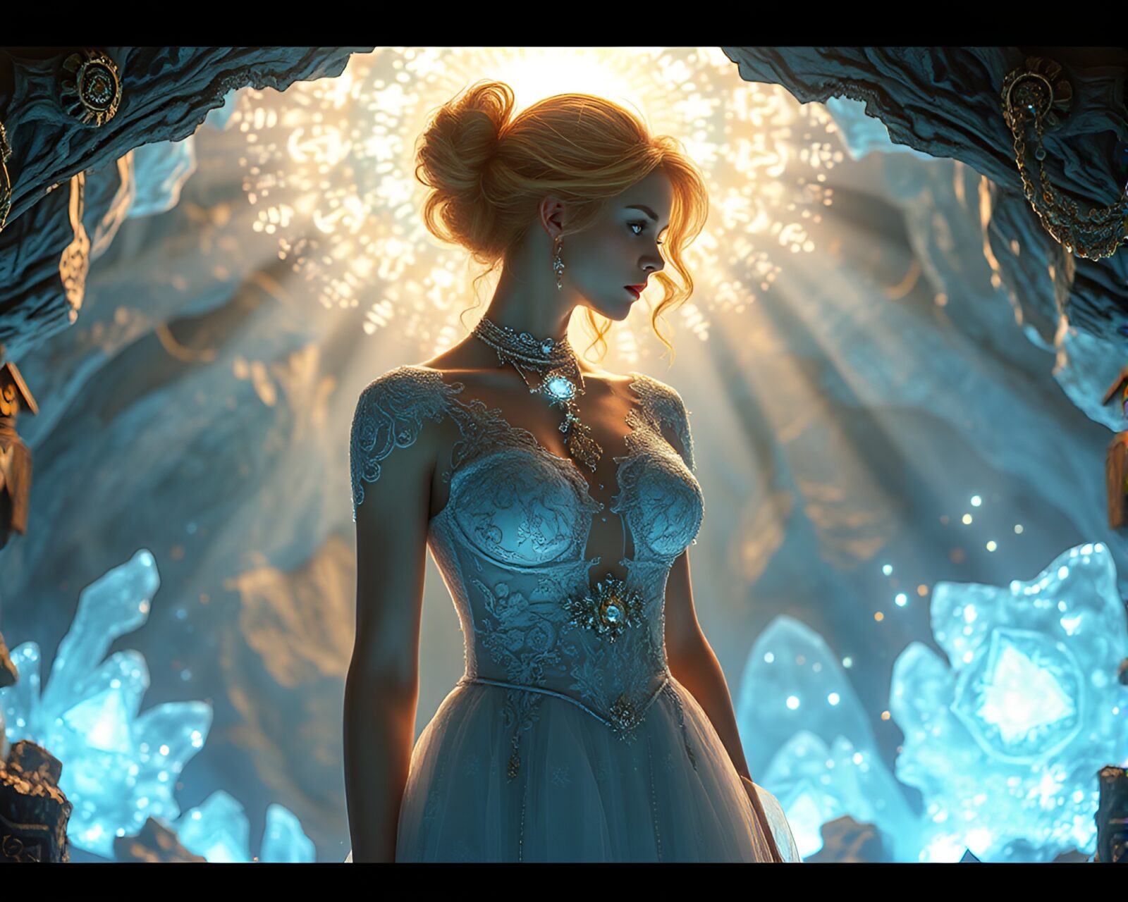 Enchanting scene of figure in lace and jewels dancing in cavern