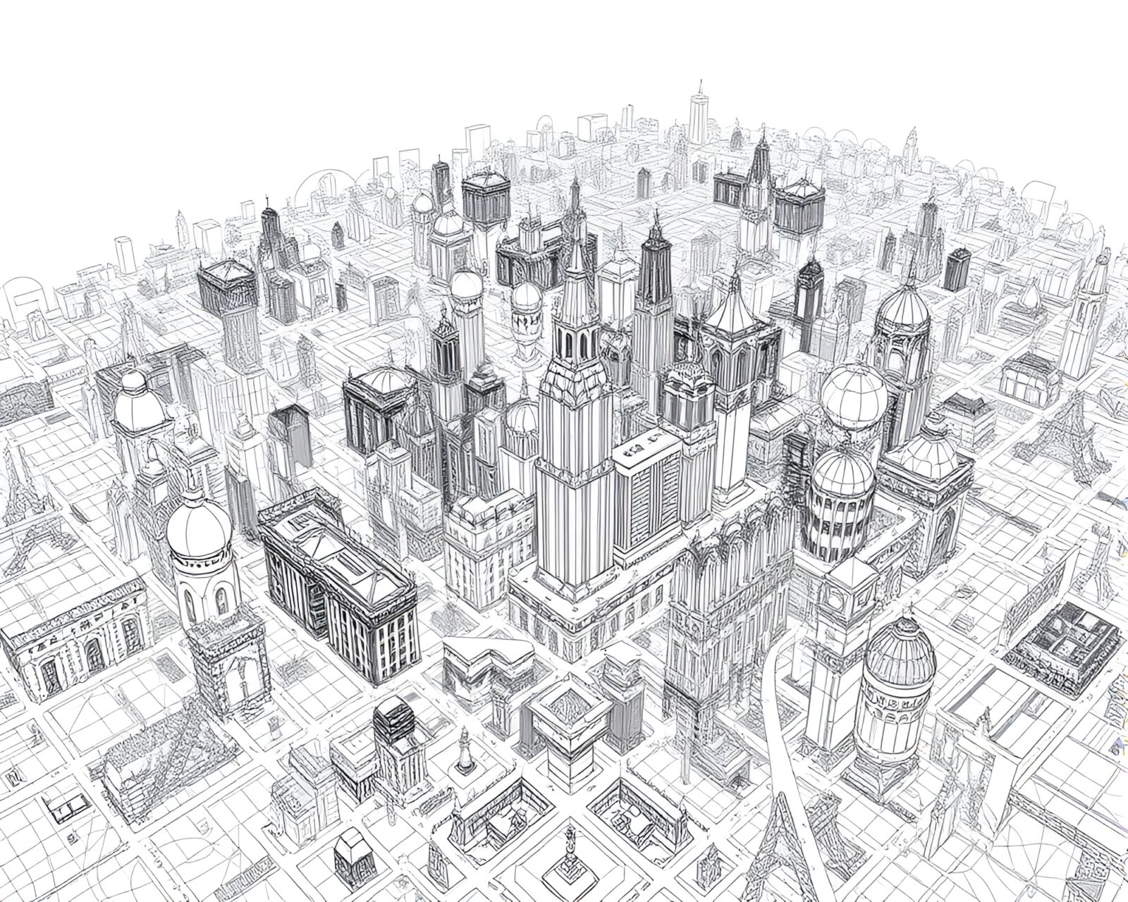 Mesmerizing line drawing of intricate fractal city grid