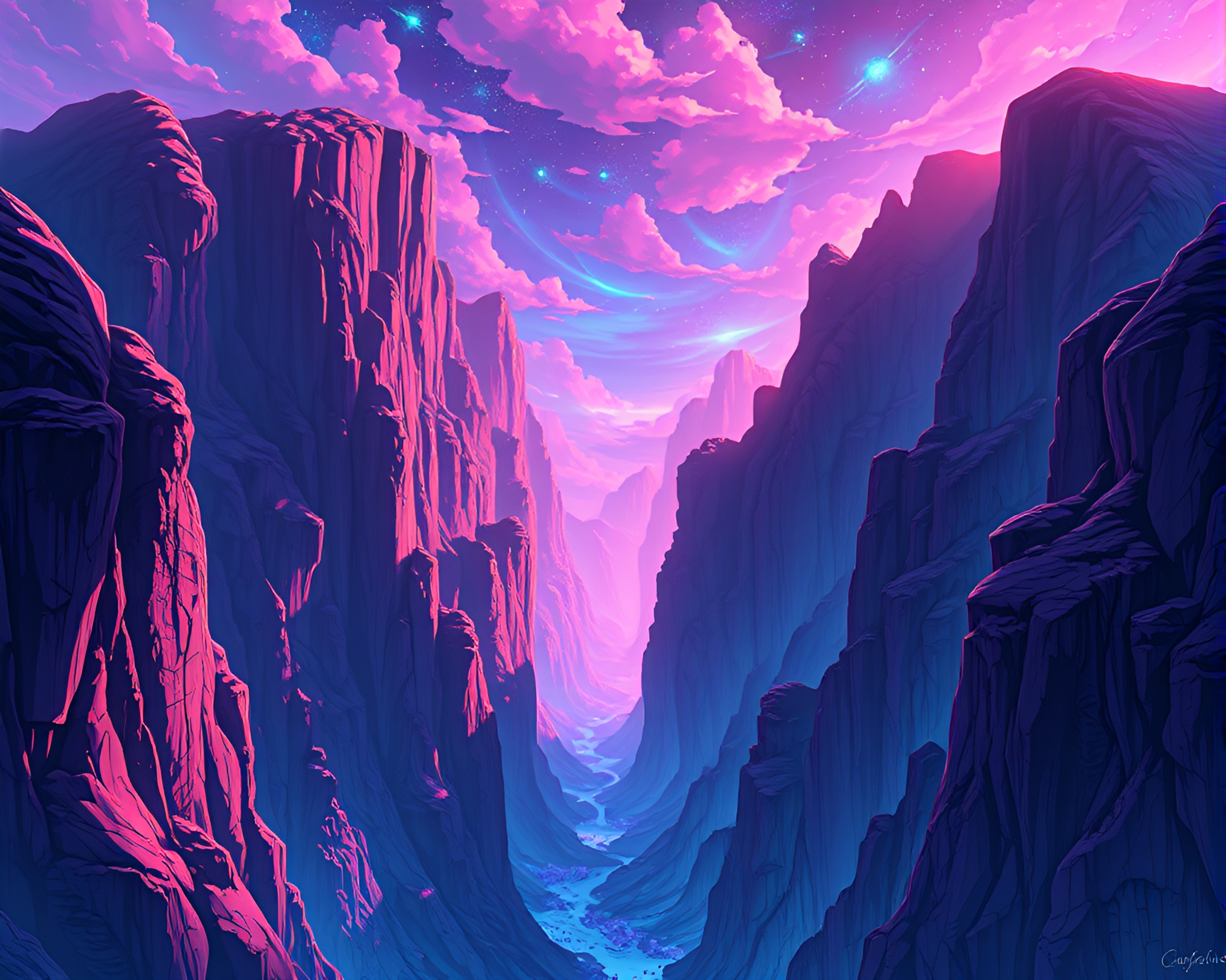 Surreal Anime-style Obsidian Canyon Landscape – free AI stock image