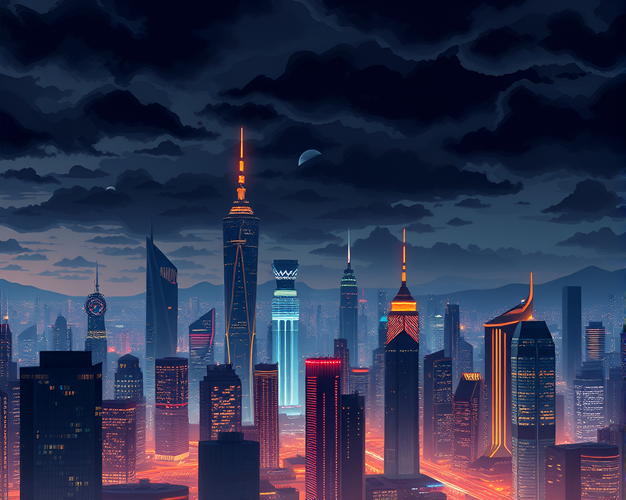 Futuristic Cityscape Glowing in Ominous Night Sky – free AI stock image