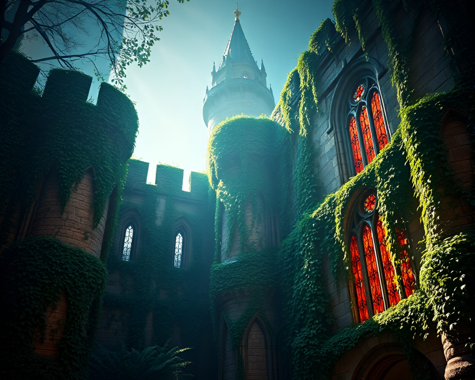 Majestic fortress embraced by ivy with vibrant stained glass