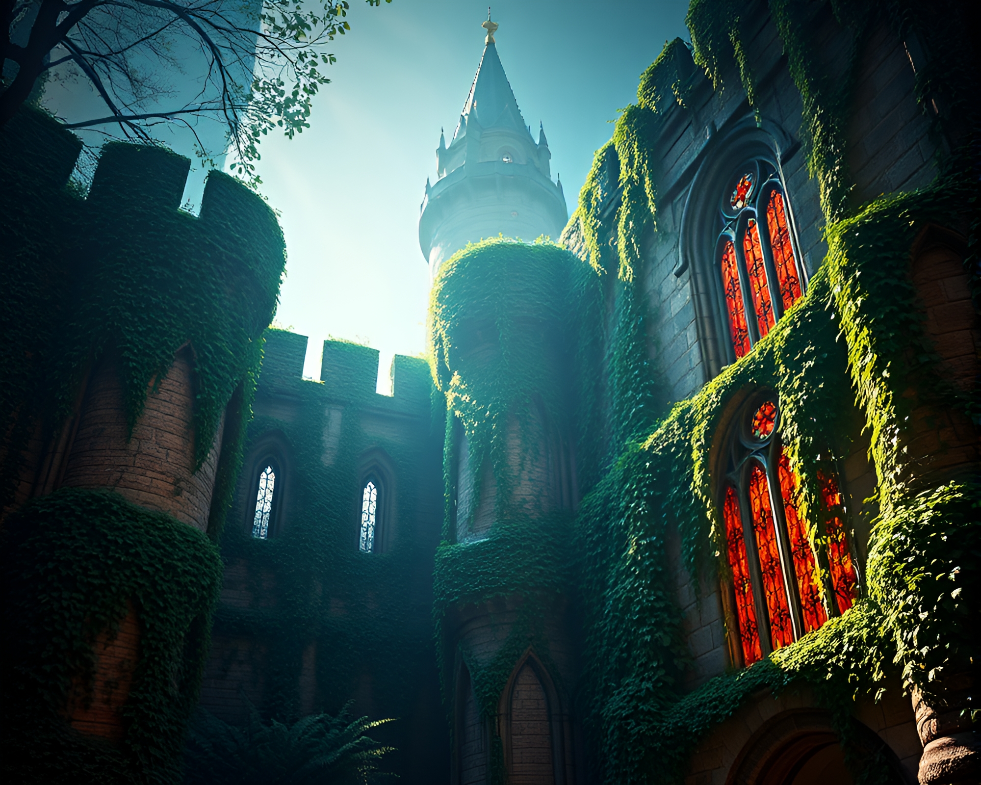Enchanting Ivy-Covered Fortress with Stained Glass Windows – free AI stock image